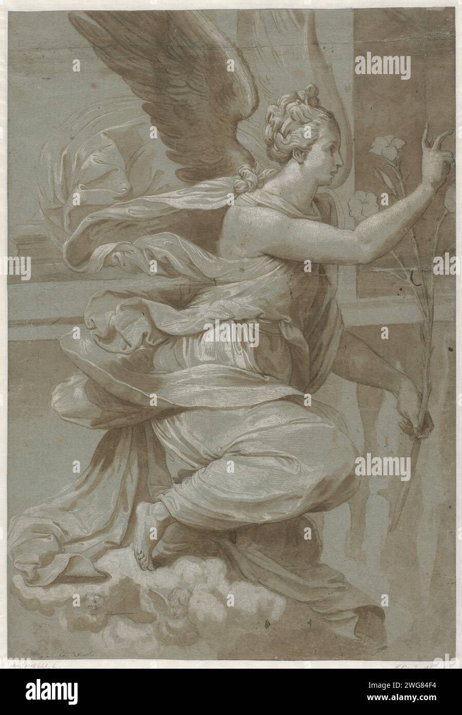 Procacy to Maria, Lorenzo Pasinelli (possibs), nach Pellegrino Tibaldi, 1540–1700, die Verkündigung zu Maria: Ein Engel im Profil nach rechts, kniend auf einer Wolke. Papier. Kreidepinsel die Verkündigung: Maria, die normalerweise liest, wird vom Engel besucht (manchmal hört eine Frau das Gespräch) Stockfoto