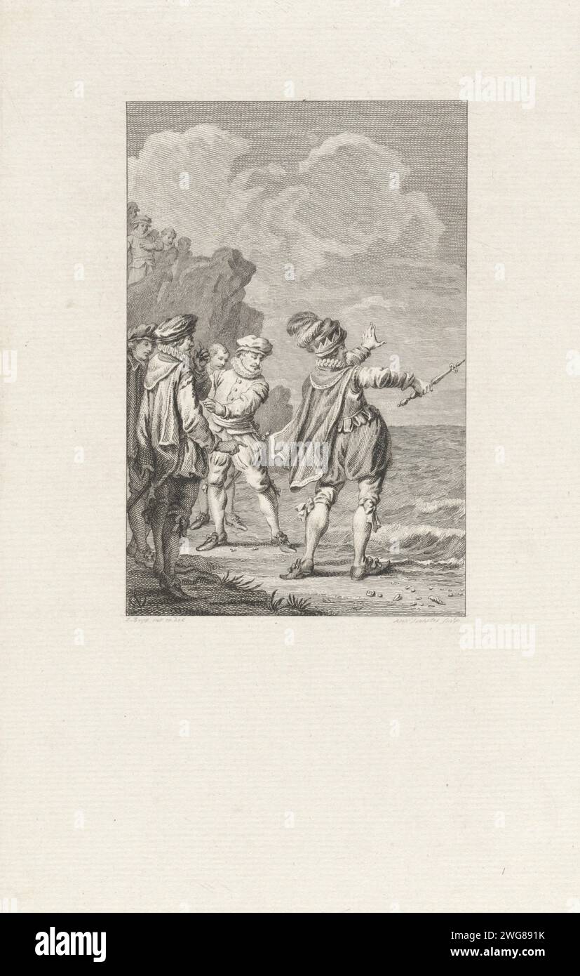 Knoet der große versucht, die Wellen weichen zu lassen, Reinier Vinkeles (I), nachdem Jacobus 1786 Knout der große, König von England, Dänemark und Norwegen, kauft, versucht vergeblich, die Wellen weichen zu lassen, um zu zeigen, dass die Elemente mächtiger sind als er. Amsterdam Papiergravur Küste (+ Landschaft mit Figuren, Personal). Zepter, Stab (Symbol der Souveränität). Arm nach vorn gestreckt – AA – beide Arme oder Hände Stockfoto