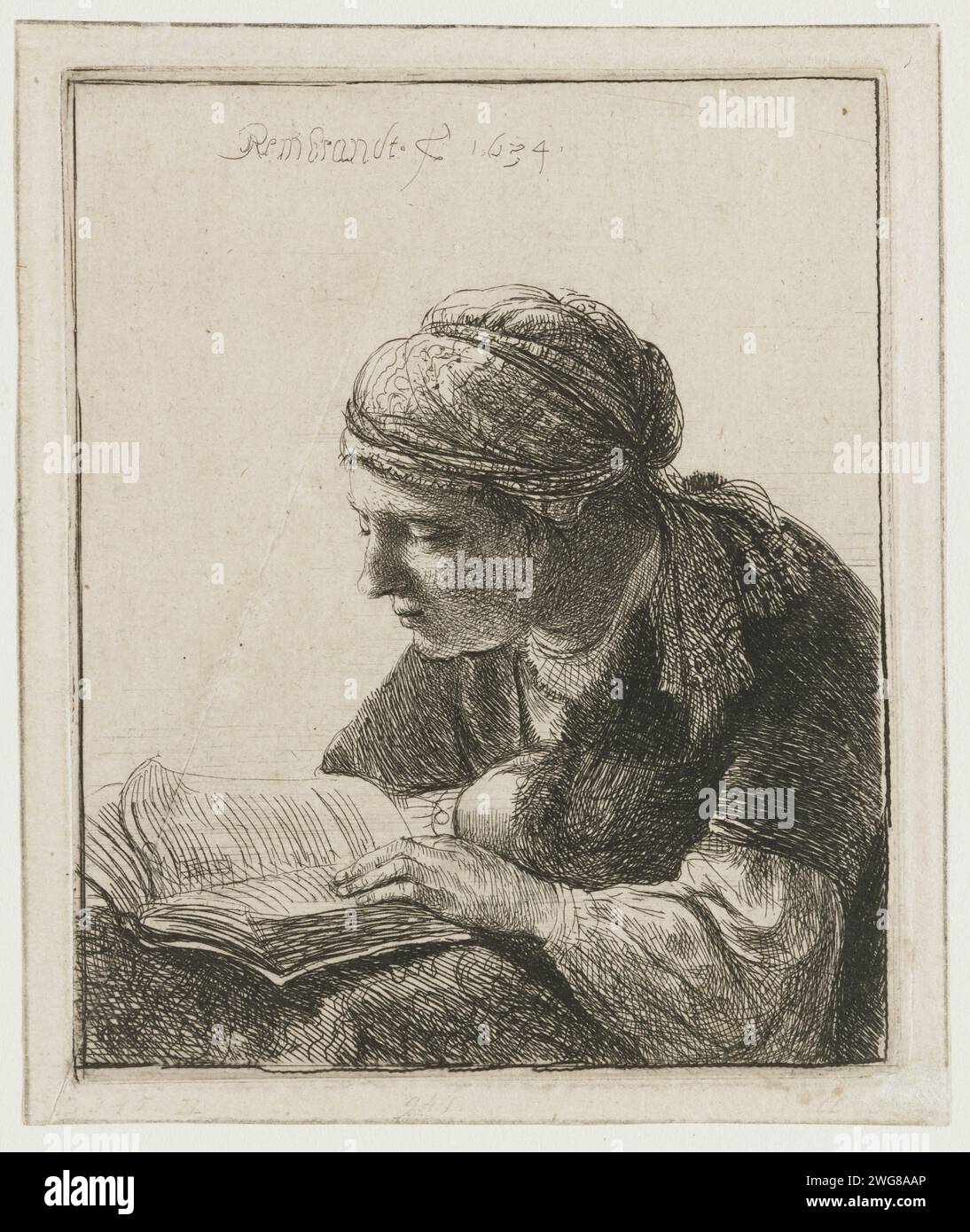 Frau, die liest, Rembrandt van Rijn, Druckpapier-Ätzung 1634 Stockfoto