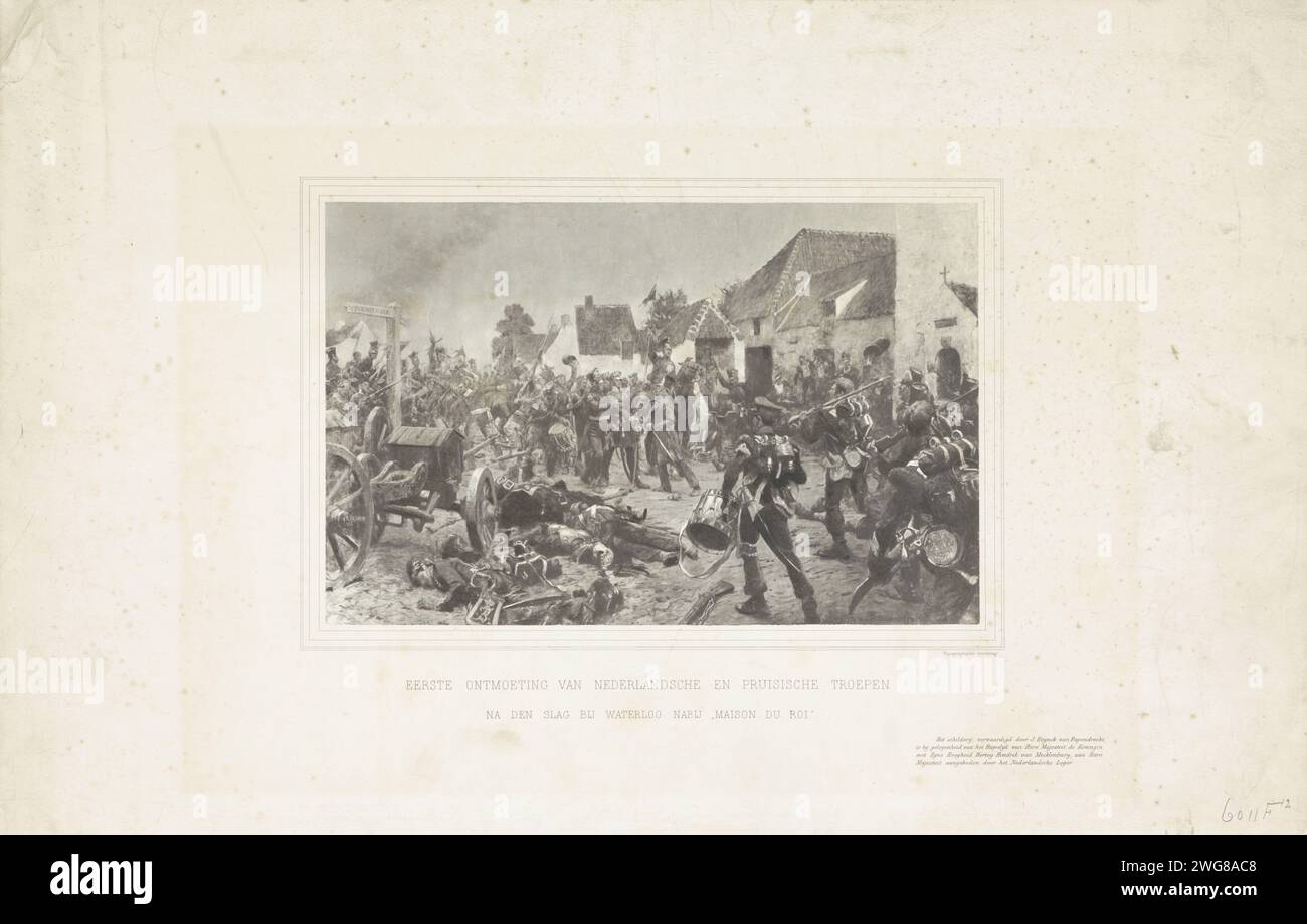 Gemälde der Begegnung niederländischer und preußischer Truppen nach der Schlacht von Waterloo, 1815, Topographische Institution, nach Jan Hoynck van Papendrecht, 1903 Reproduktion des Gemäldes von Hoynck van Papendrecht, das das Treffen niederländischer und preußischer Truppen nach der Schlacht von Waterloo darstellt, im "Maison du ROI", am 18. Juni 1815. Auf der rechten Seite die niederländischen Soldaten von Bataljon 19 von der Nationalen Militie. Die beiden Armeen treffen sich zwischen den Häusern des Dorfes. Siehe entsprechende Taste. Niederlande Papier Kollotype victor (nach der Schlacht) Waterloo Stockfoto