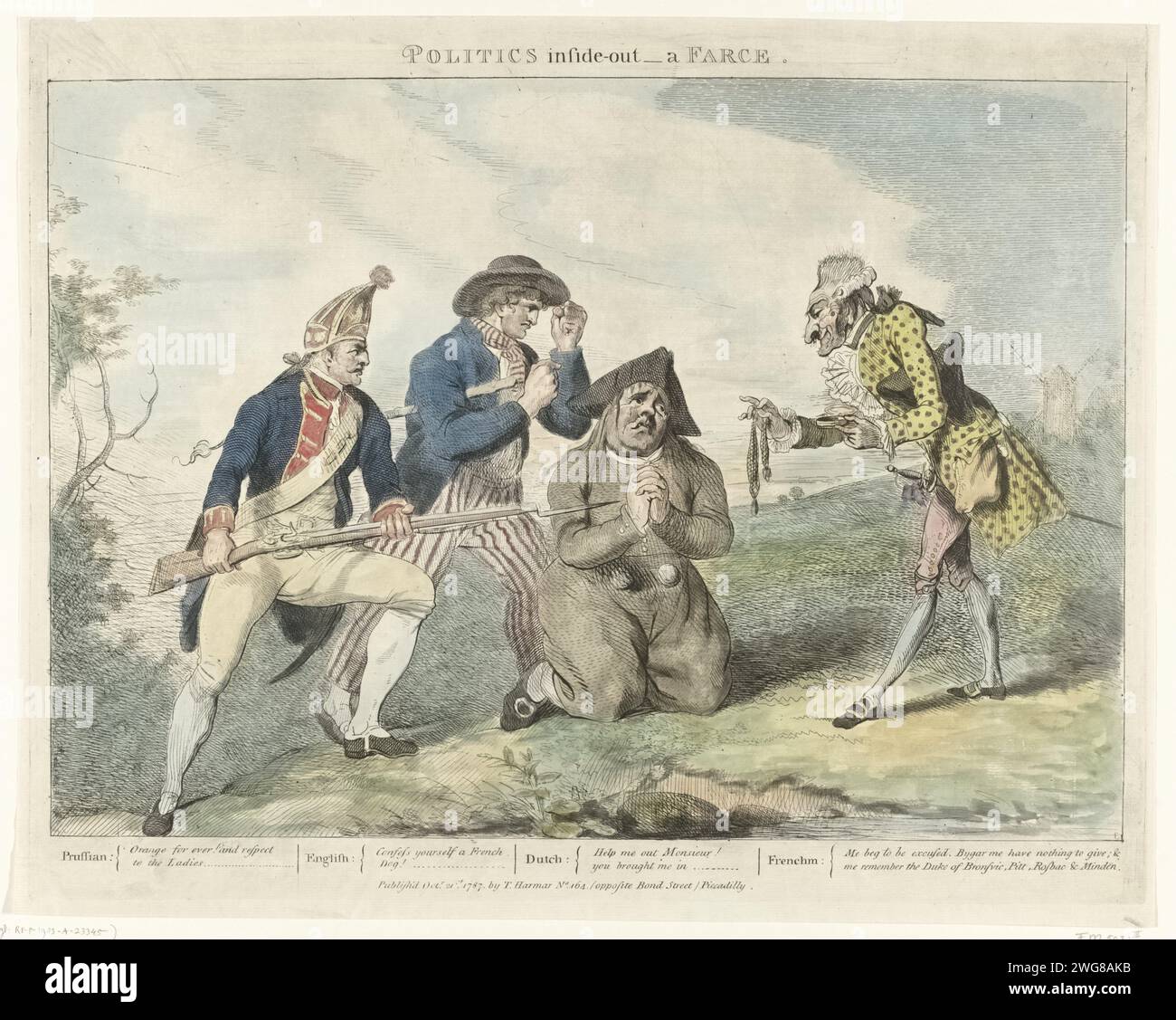 Eine politische Farce, Johann Heinrich Ramberg, 1787 Druck Ein niederländischer Patriot kniet auf dem Boden und bittet einen Franzosen um Hilfe. Der Franzose zeigt ihm jedoch seine leere Börse verächtlich. Links ein preußischer Soldat und ein englischer Seemann. In der Beschriftung die Texte der vier Hauptzeichen. Teil einer Gruppe von vier Karikaturen über die Patrioten zur Zeit der preußischen Invasion im Oktober 1787. Die Originalfassung mit englischen Inschriften wurde in London veröffentlicht. Siehe auch den Anhänger und die entsprechenden Cartoons. Druckerei: Englandpublisher: London Paper Etching the Niederlagen (A Stockfoto