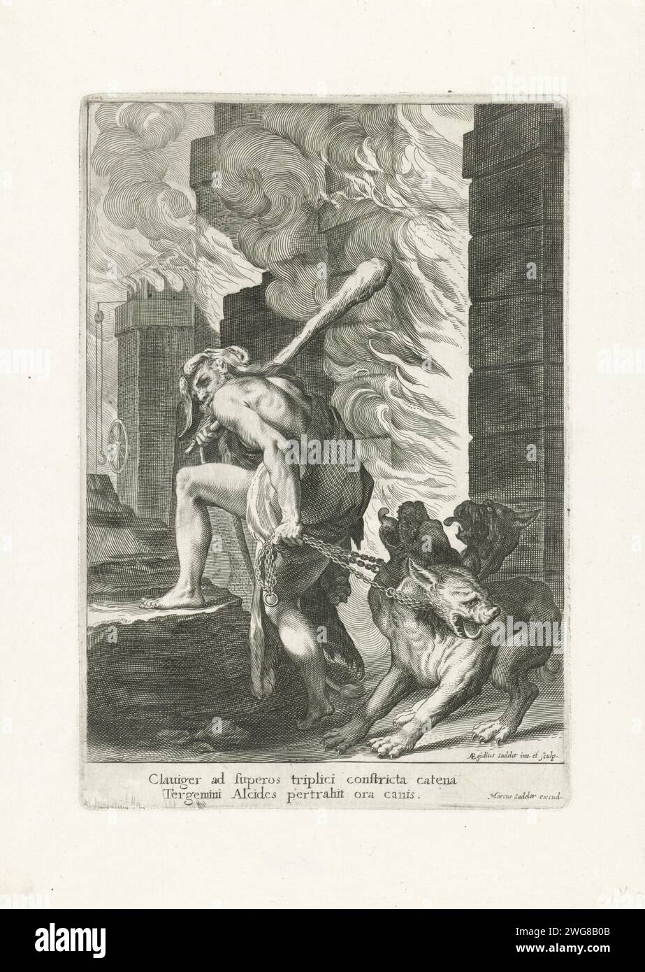 Hercules en Cerberus, Giles Sadeler (2), 1624 - ca. 1650 Druck Hercules in der Unterwelt. Er führt Cerberus an einer Kette an. Der Druck hat eine lateinische Unterschrift. Printmacher: Unbekannter Verlag: Venedig Papierstich (12) Cerberus gefangen und von Herkules weggetragen Stockfoto