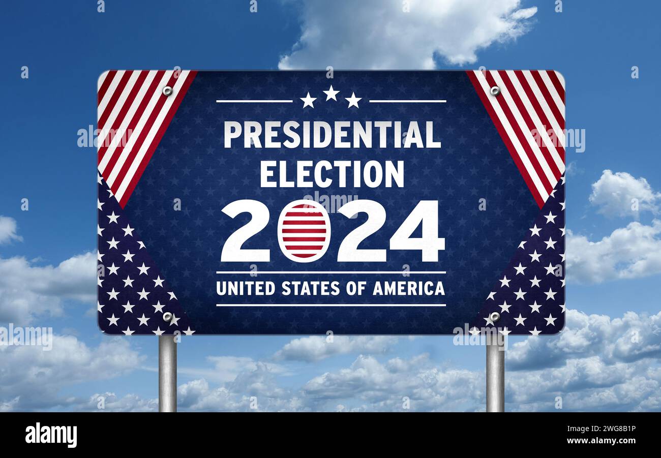 Die Vereinigten Staaten von Amerika stimmen 2024 für den Präsidenten. Verkehrszeichen-Meldung Stockfoto