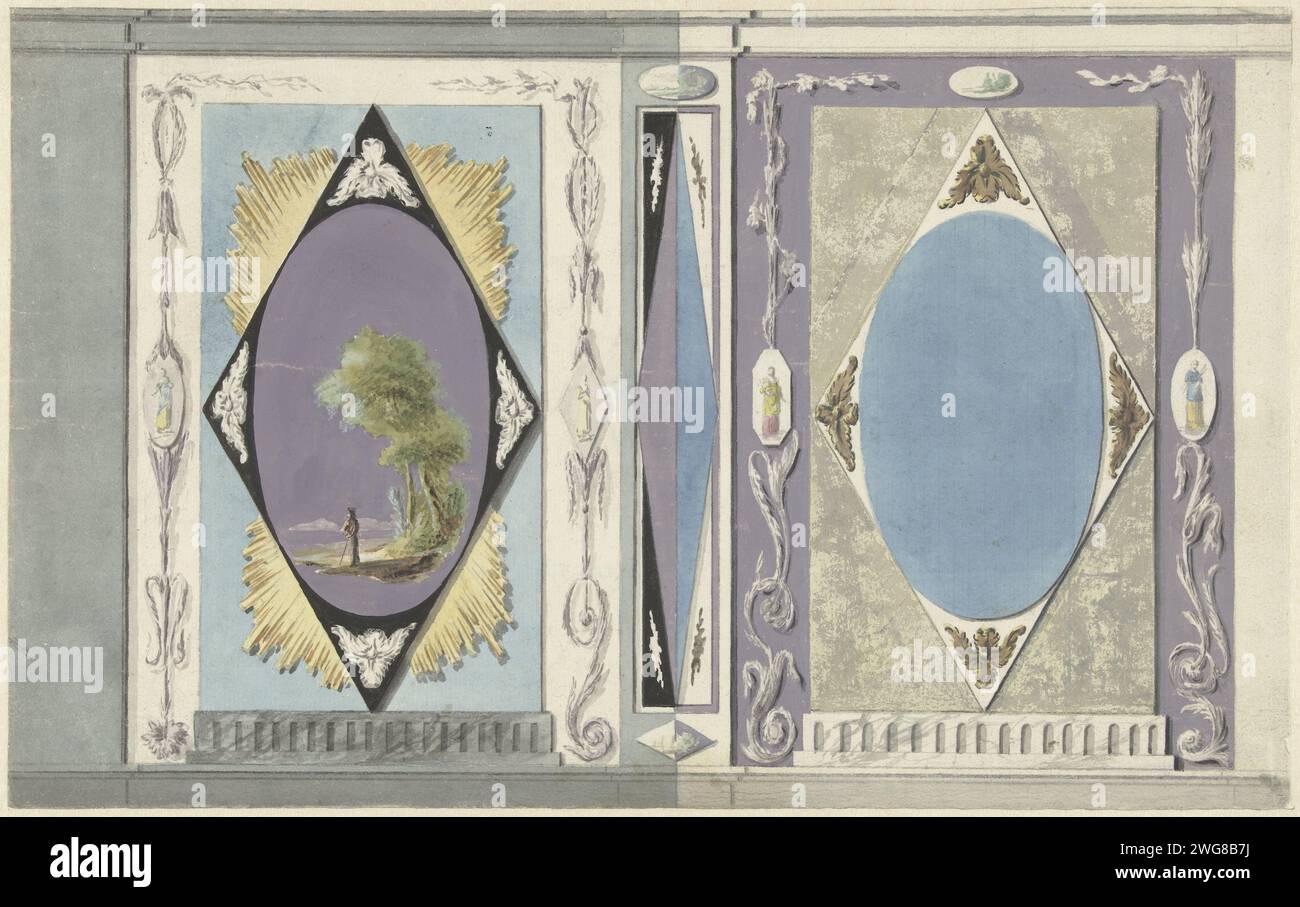 Design für Raumdekorationen mit zwei Paneelen mit einem Oval in einem Fenster, Abraham Meertens, 1767 - 1823 Zeichnung Design für eine Wanddekoration. Papier. Deckfarbe. Aquarell (Farbe). Bleistift. Wandverkleidung für Tintenstift/Pinsel Stockfoto