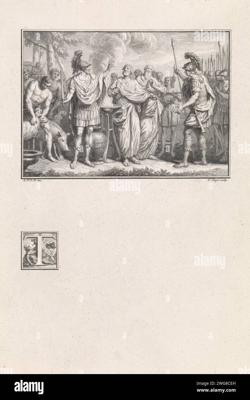 Turnus und Aeneas bereiten sich auf den Doppelkampf vor, Pieter Tanjé, nach Louis Fabritius Dubourg, 1746 Druck Turnus und Aeneas bereiten sich auf den Doppelkampf vor. Zwischen ihnen fähiger König Latinus neben einer Opferskala. Illustration und Initial t im zwölften Teil des Aeneis von Vergilius. Amsterdam Papierätzung / Gravur Schlacht von Latium (II): Pause und Kampf wieder (Virgil, Aeneid xi); die letzten Taten von Turnus (Mahnwache, aeneid xii) Stockfoto