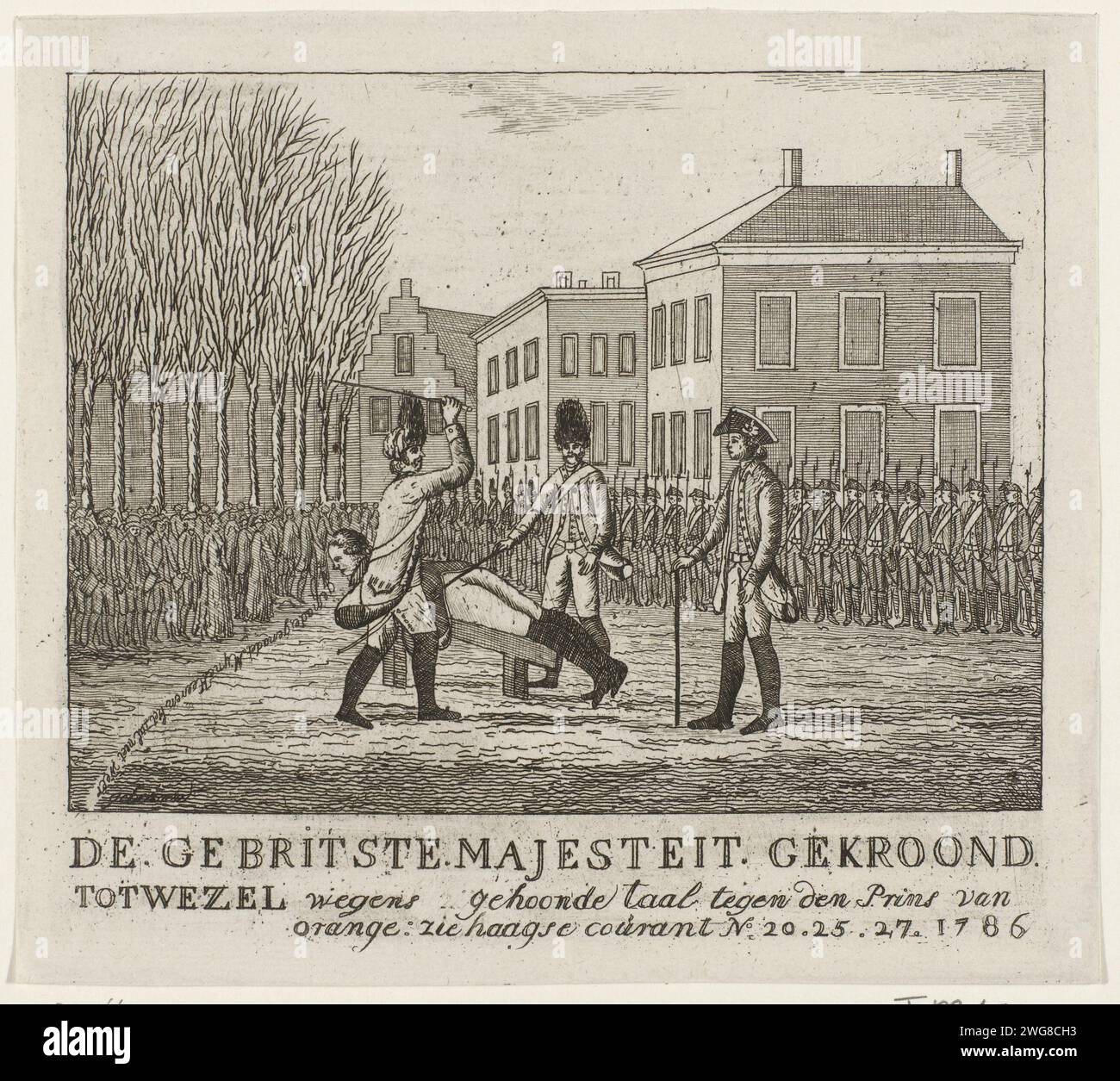 SEL Against a Soldier, 1786, Anonym, 1786 Druck öffentliche Bestrafung eines Soldaten wegen des Prinzen von Orange. Eine Holzziege vor einer Gruppe von Soldaten und der Öffentlichkeit, 1786. In der Bildunterschrift beziehen sich die Haager Courant, NRS 20, 25 und 27. Nordholland Papierätzung / Gravur Auspeitschen, Geißeln (öffentlich) Stockfoto