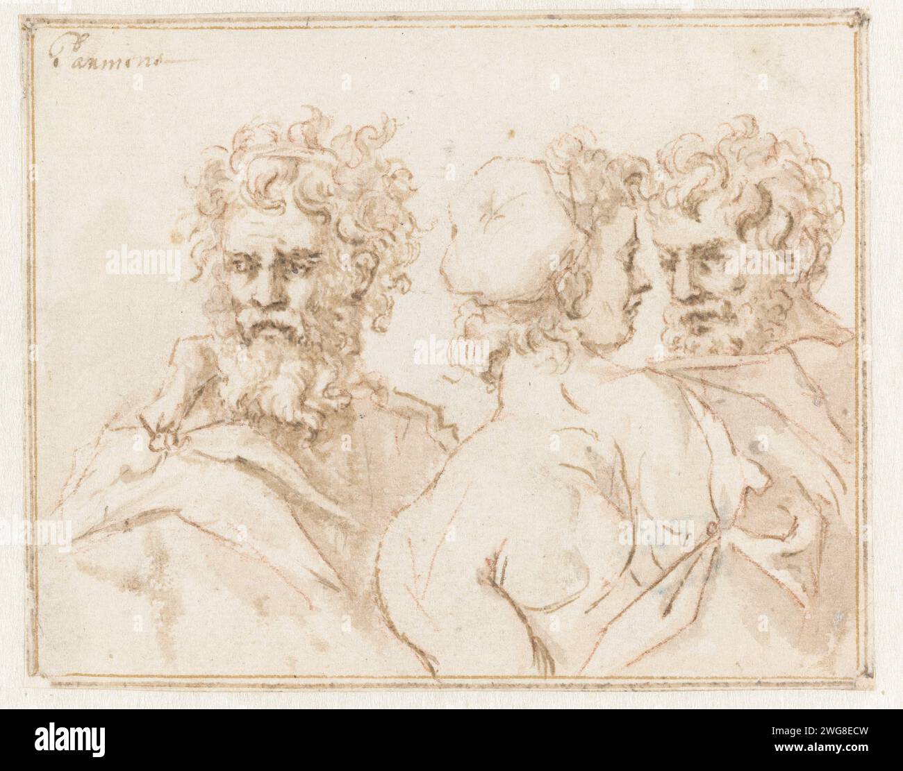 Drei Figuren, Jan de Bisschop, nach Parmigianino, 1648 - 1671 Zeichenpapier. Tinte. Kreidestift / Pinselbart. Zerzaustes Haar Stockfoto
