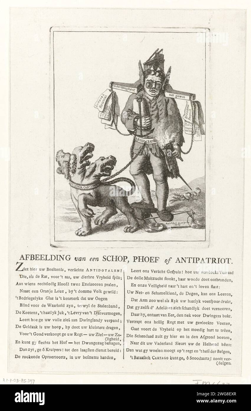 Cartoon on the Unterzeichner of the Anti-Dotaal Request, 1785, Anonym, 1785 Print Patriots Cartoon on the Prince-minded Unterzeichner of the Brandwijn Request of Request Anti-Dotaal (Report Antidotaal) in Rotterdam am 10. Juni 1785. Mann mit Mausefalle auf dem Kopf, große Gläser, Eselohren, Joch auf den Schultern, in denen alle Arten von Orangenschriften, brennende Fackel in der Hand, Waagen der Gerechtigkeit, die in den Fuß treten, und mit dreiköpfigen Hunden an der Kette. Auf dem Blatt unter der Platte ein Vers in zwei Spalten. Nordholland Papierätzung / Gravur / Buchdruck Political CA Stockfoto