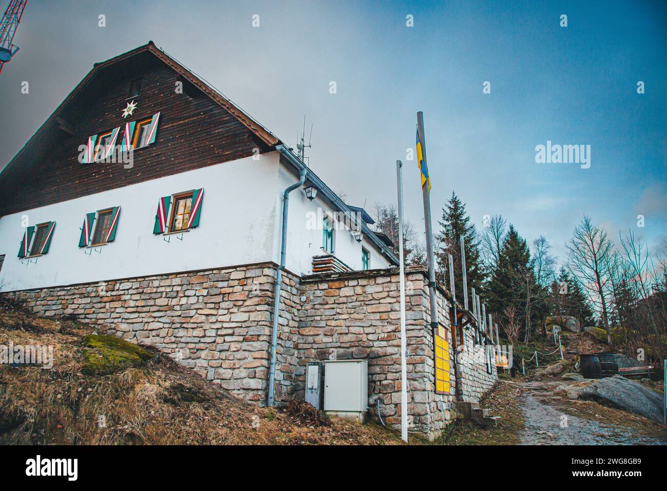 Nebelsteinhütte, ein Bergrestaurant am Nebelstein (1017 m.ü.A.), Waldviertel, Österreich Stockfoto