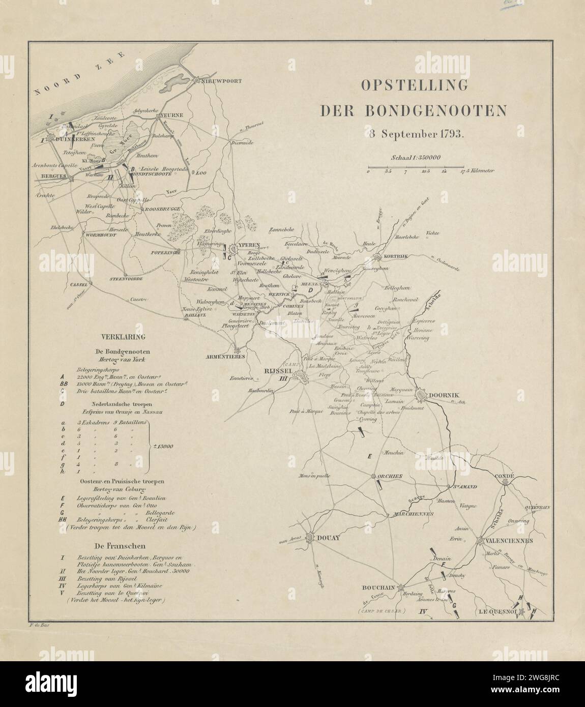 Karte mit den Positionen der Alliierten und Franzosen, 1793, F. de Bas, 1793 - 1850 drucken Karte der österreichischen Niederlande mit den Positionen der Koalitionstruppen und der französischen Revolutionsarmee, 8. September 1793. Niederlande Papier Ätzen / Gravieren von Karten von verschiedenen Ländern oder Regionen Südholland Stockfoto