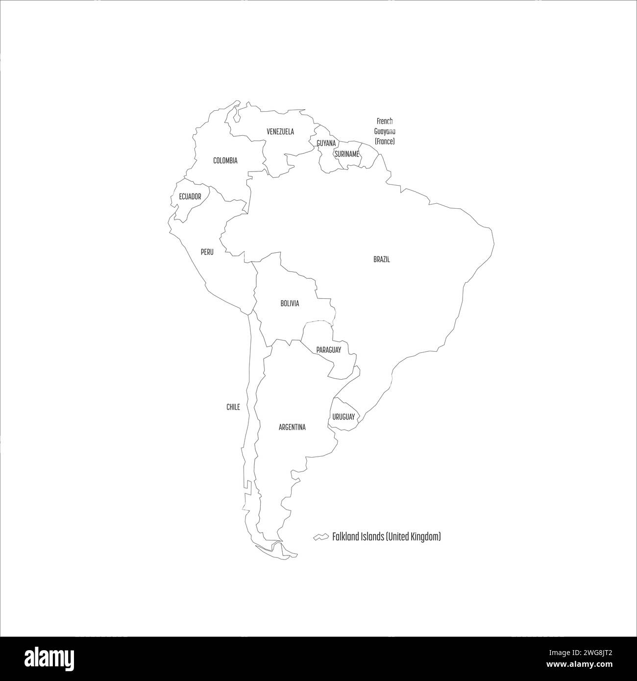 Politische Karte Südamerikas. Dünne schwarze Umrisskarte mit Ländernamen auf weißem Hintergrund. Ortographische Projektion. Vektorabbildung Stock Vektor