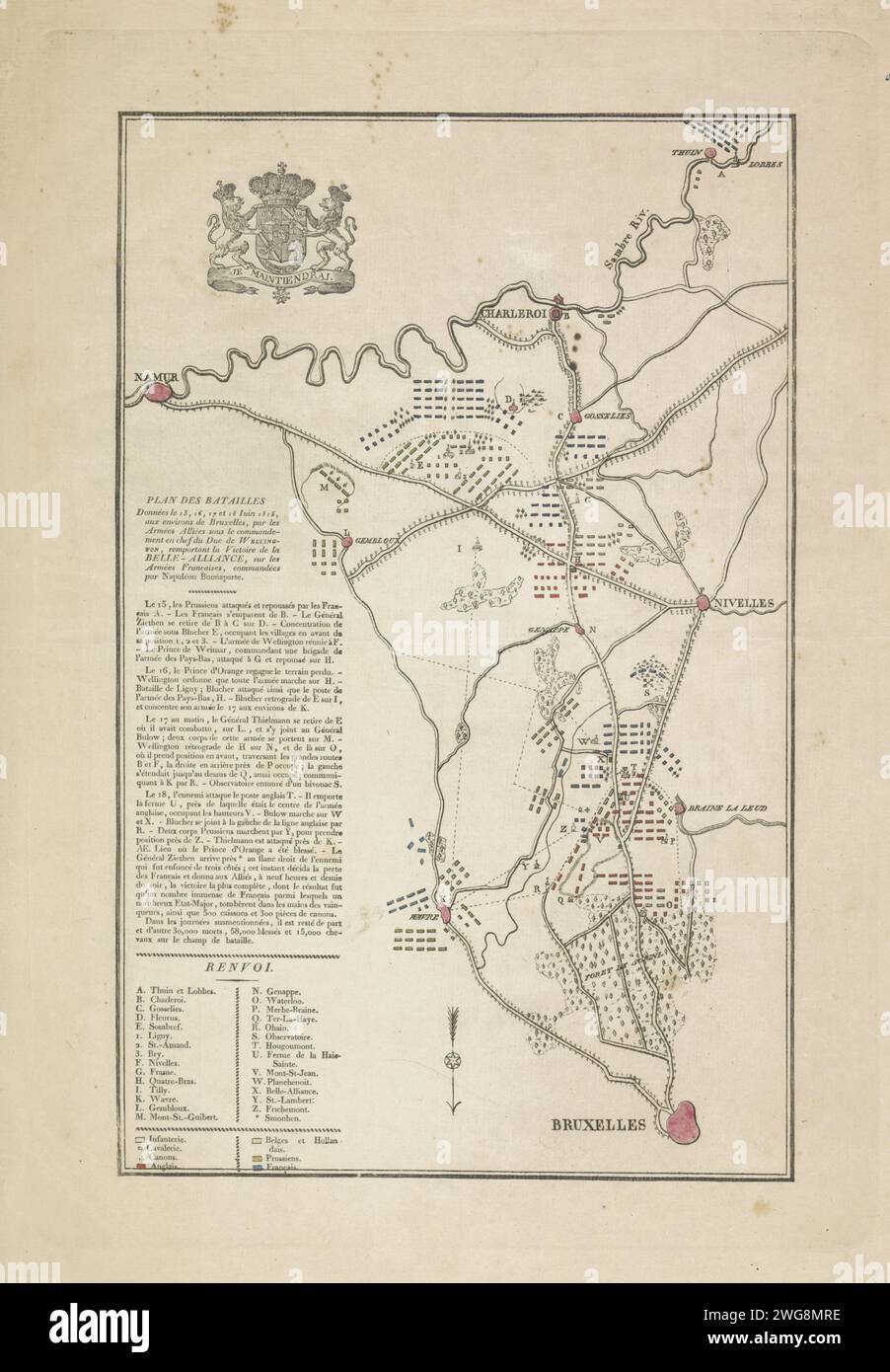 Plan der Schlachten bei Quatre-Bras und Waterloo, 15-18. Juni 1815, Anonym, 1815 drucken Karte der Region zwischen Brüssel und Charleroi, wo zwischen dem 15-18. Juni 1815 bei Ligny, Wavre, Quatre-Bras und Waterloo zwischen den Armeen der Alliierten und der französischen Armee unter Napoleon gekämpft wurde. Die Muster der Armeen sind auf der Karte angegeben. Mit einer Beschreibung der Schlachten und einer Legende auf Französisch. Die verschiedenen Orte und Armeen mit Farben. Niederlande Papier Ätzen / Gravieren / Buchdruck Karten von verschiedenen Ländern oder Regionen. Battle Arrays Belgien Stockfoto