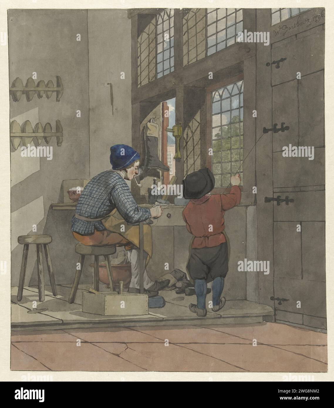 Schuhmacher in seiner Werkstatt, W. Barthautz, 1796 Zeichenpapier. Aquarell (Farbe). Tintenstift / Bürstenschuh, Schuster Stockfoto