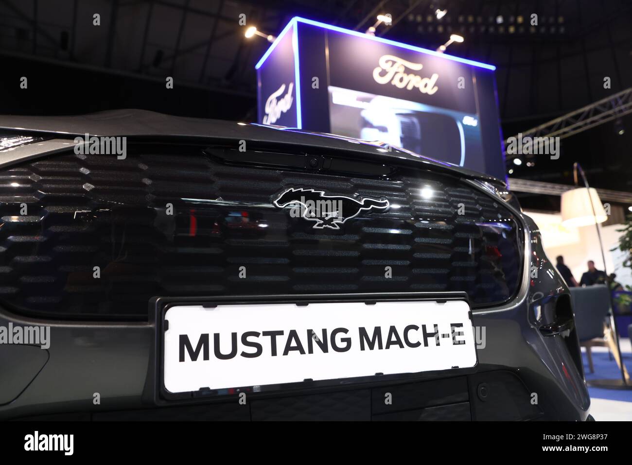 Ford Mustang Mach-E während der Pressevorführung am Freitag während der größten Elektrofahrzeugmesse Europas, der eCarExpo, in der Friends Arena in Stockholm, Schweden. Stockfoto