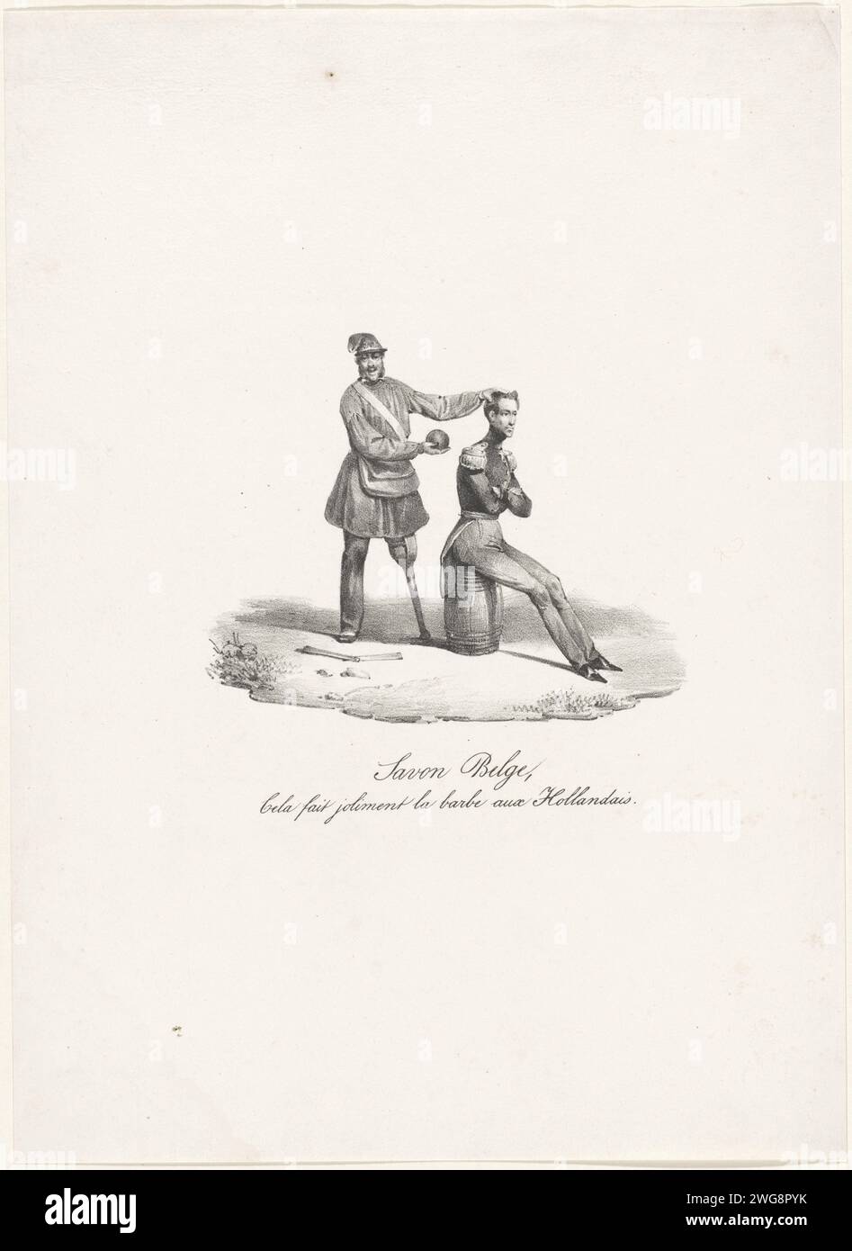 Belgische Seife, 1830, Anonym, 1830–1831 Cartoon über Prinz Frederik, der vom Barbier Jambe de Bois rasiert wurde, 1830. Der Prinz sitzt auf einer Tonne, hinter ihm der fröhliche belgische Rebell als Friseur mit einer Kanonenkugel als Seife. Belgien Papier rasieren, rasieren Stockfoto