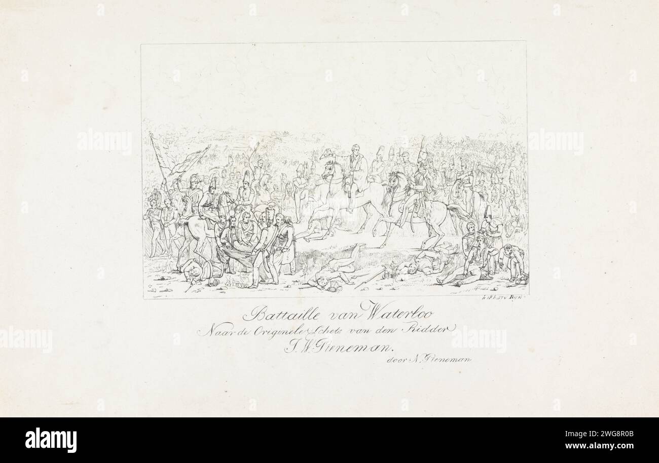 Schlacht von Waterloo, 1815, Nicolaas Pieneman, nach Jan Willem Pieneman, 1830–1850 Print die Schlacht von Waterloo, 18. Juni 1815. Blick auf das Schlachtfeld in dem Moment, als der englische Kommandant Wellington hört, dass preußische Hilfe auf der Straße ist. Der verwundete Willem, Prinz von Orange, wird nach links in den Vordergrund gebracht. Die Kommandeure und andere Offiziere zu Pferd sind in der Mitte, im Vordergrund verletzte und tote Soldaten. Die Kämpfe toben auf dem Schlachtfeld im Hintergrund. Unten rechts sind die Größen in Rijnlandse Feet. Niederlande Papierschlacht (+ Landstreitkräfte) Waterloo Stockfoto