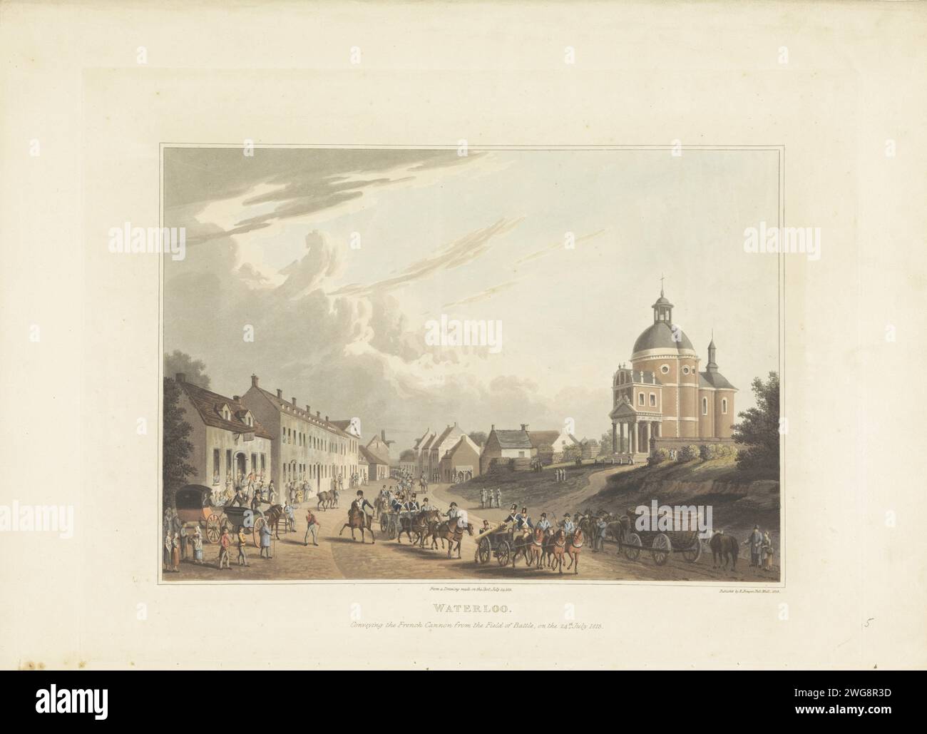 Drain of French Guns by Waterloo, Anonym, 1816-Druck, der von eroberten französischen Kanonen durch die Dorpsstraat von Waterloo eintaucht, 24. Juli 1815. Auf der rechten Seite die Sint-Jozefskerk. Nach der Schlacht von Waterloo am 18. Juni 1815. Printmacher: EnglandAfter Zeichnung von: Waterloopublisher: London Paper Booty, Spoil (+ Transport von Waffen). Trophäe  Schlacht, Krieg Waterloo Stockfoto