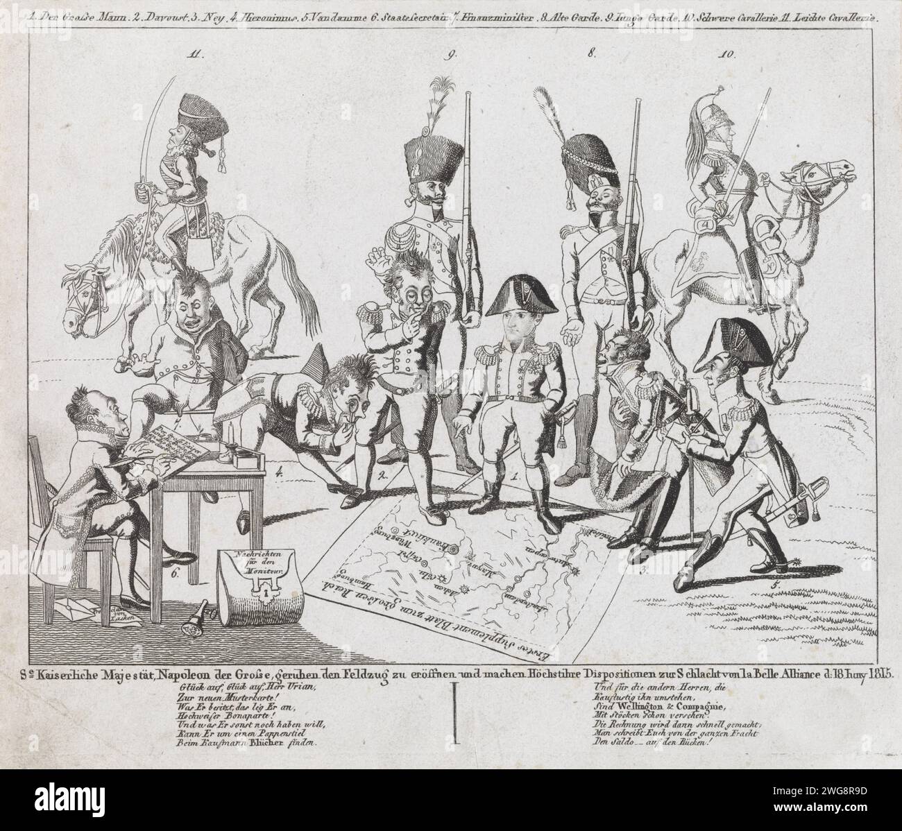 Napoleon Martial council for the Schlacht bei Waterloo, 1815, Johann Michael Voltz, nach Gottfried Schadow, 1815 druckte Cartoon über die Napoleon-Beratungen vor der Schlacht bei Waterloo am 18. Juni 1815. Napoleon steht auf der Karte Belgiens in Absprache mit seinem Generalstab. In der Hinterwächter und Kavallerie. Links schreibt der Außenminister einen Bericht über die Schlacht. Oben in der Legende 1-11, unten zwei siebenzeilige Verse. Druckerei: DeutschlandVerlag: Neurenberg Papierätzung / Gravur Personifizierungen von Ländern, Nationen, staaten, Bezirken usw. TE Stockfoto