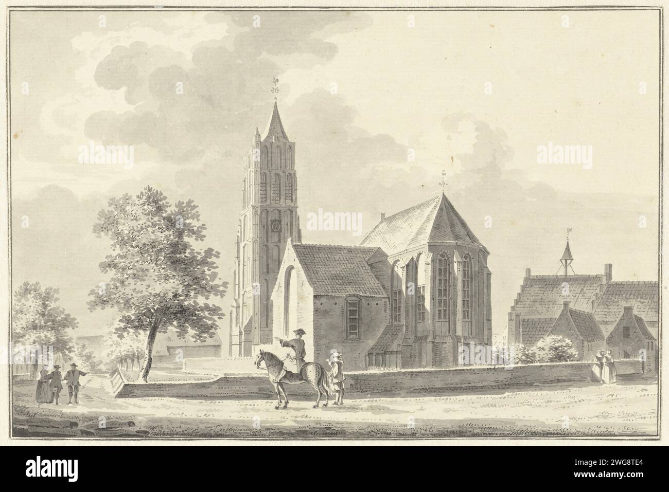 Kirche und Rathaus in Heukelom, Pieter Jan van Liender, 1756 Zeichenpapier. Tintenstift / Pinsel Kirche (außen). stadthaus Heukelum Stockfoto