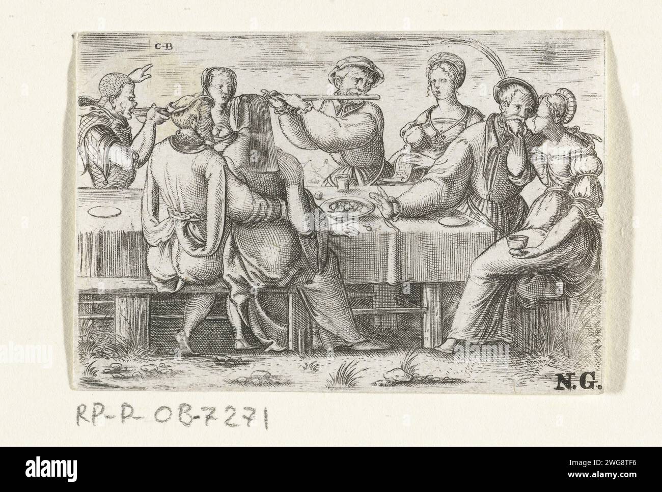 Gäste und Brautpaar am Tisch, Cornelis Bos, ca. 1537 - ca. 1555 drucken Braut und Bräutigam und Hochzeitsgäste an einem gedeckten Tisch. Die Musik wird von einem Flötisten und einem Sänger gemacht. Papiergravur Festmahl, Festmahl, Bankett - CC - draußen. Musiker, die Sänger begleiten - CC - draußen. Flöte, Aulos, Tibia - CC - draußen Stockfoto
