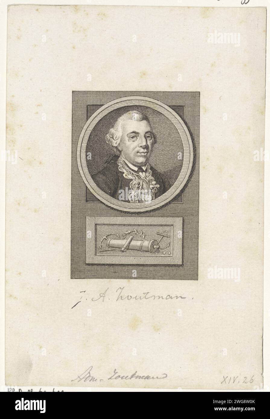 Porträt von Johan Arnold Zoutman, Reinier Vinkeles (I), nach Jacobus Buys, 1783–1795 Druck Porträt von Johan Arnold Zoutman, Vizeadmiral von Holland und Westfriesland. Unter dem Porträt ein Kommandosta, eine Kanone, ein Lorbeerkranz und zwei Anker. Amsterdamer Papierätzung / Gravur Schusswaffen: Kanone. Teile des Schiffes außen: Anker. baton des Generals Stockfoto