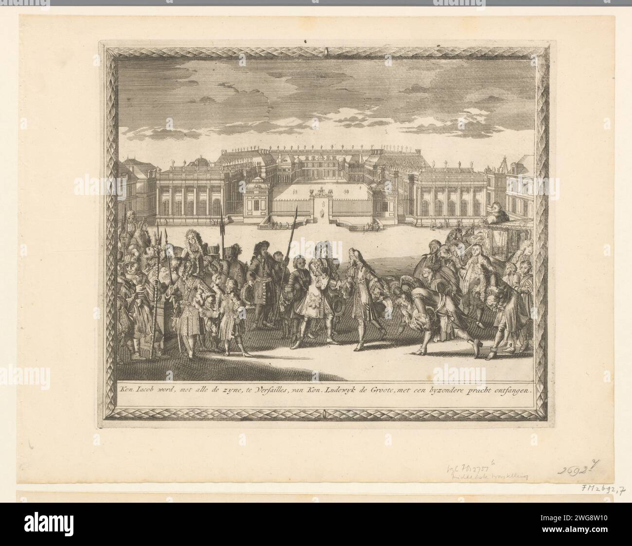Empfang Jakobus II. In Versailles, 1689, 1691 Druckempfang von König Jakobus II. Mit seinem Gefolge in Versailles von König Ludwig XIV., 6. Januar 1689. Platte 7 in einer Serie von 20 Aufzeichnungen über die glorreiche Revolution in England in den Jahren 1688–1691. Nordholländische Papierätzung willkommen  Reisenburg von Versailles Stockfoto