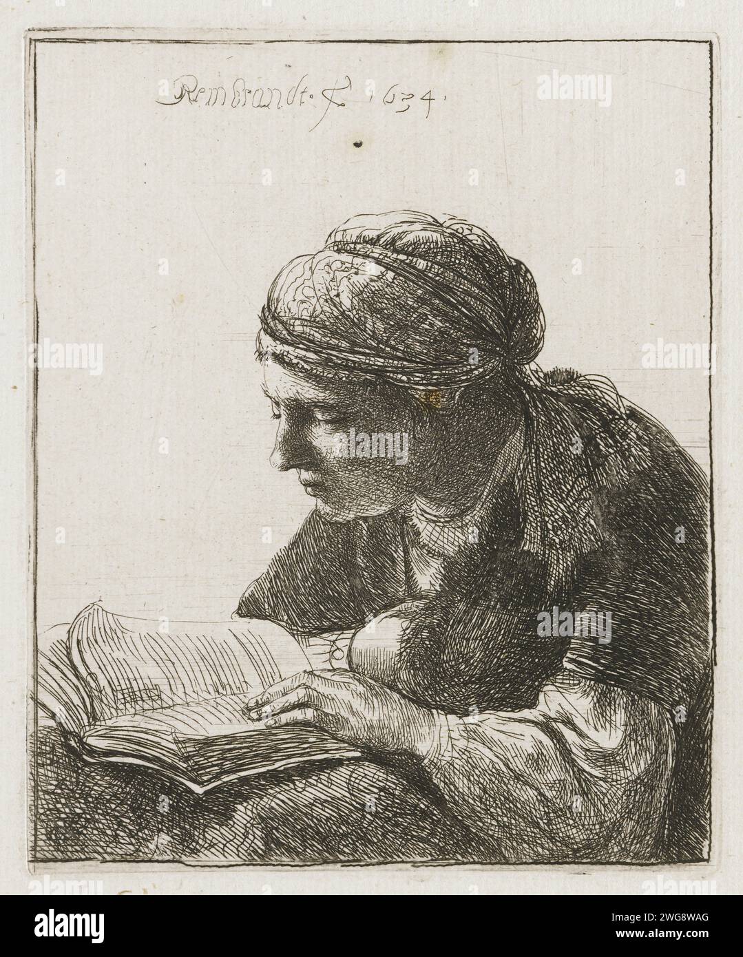 Frau, die liest, Rembrandt van Rijn, Druckpapier-Ätzung 1634 Stockfoto