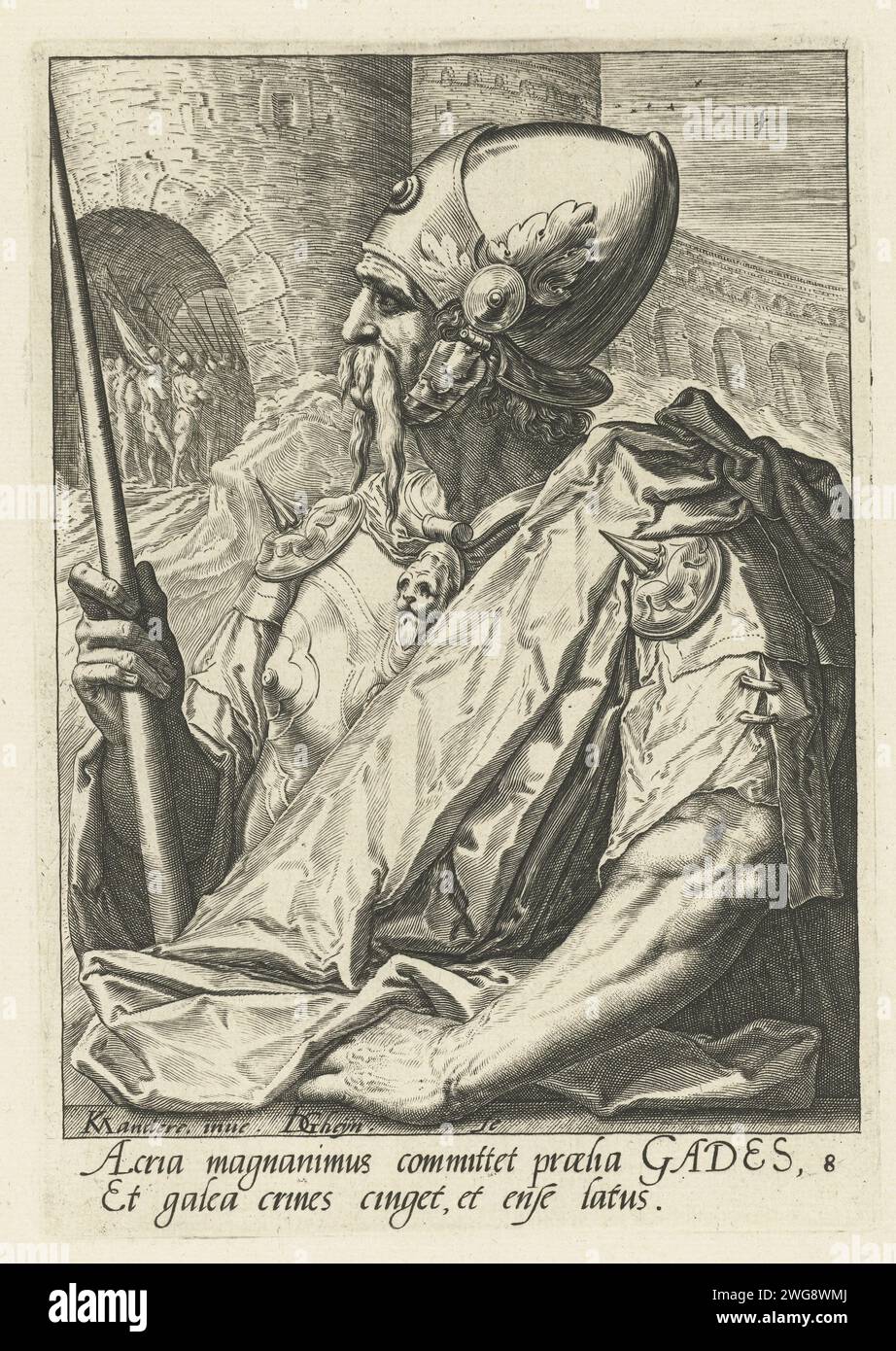Stam Father Gad, 1587 - 1591 Print Family Father Gad, auf halbem Weg, ein Stab oder Speer in der rechten Hand. Im Hintergrund das Tor einer Burg, durch die ein Chaos von Soldaten hereinmarschiert. Unter der Aufführung zwei Textzeilen in lateinischer Sprache. Dieser Druck ist Teil einer Serie von zwölf Familienvätern van, Sraël; jeder Druck dieser Serie besteht aus einem Bild eines Vorfahren auf halbem Weg und einer zweiseitigen Beschriftung in lateinischer Sprache. Druckerei: Netherlandspublisher: Amsterdamer Papier, in dem die zwölf Patriarchen, also die zwölf (Enkel-)Söhne Jakobs, namensgebende Vorfahren der zwölf Stämme Israels, graviert werden. Die TW Stockfoto