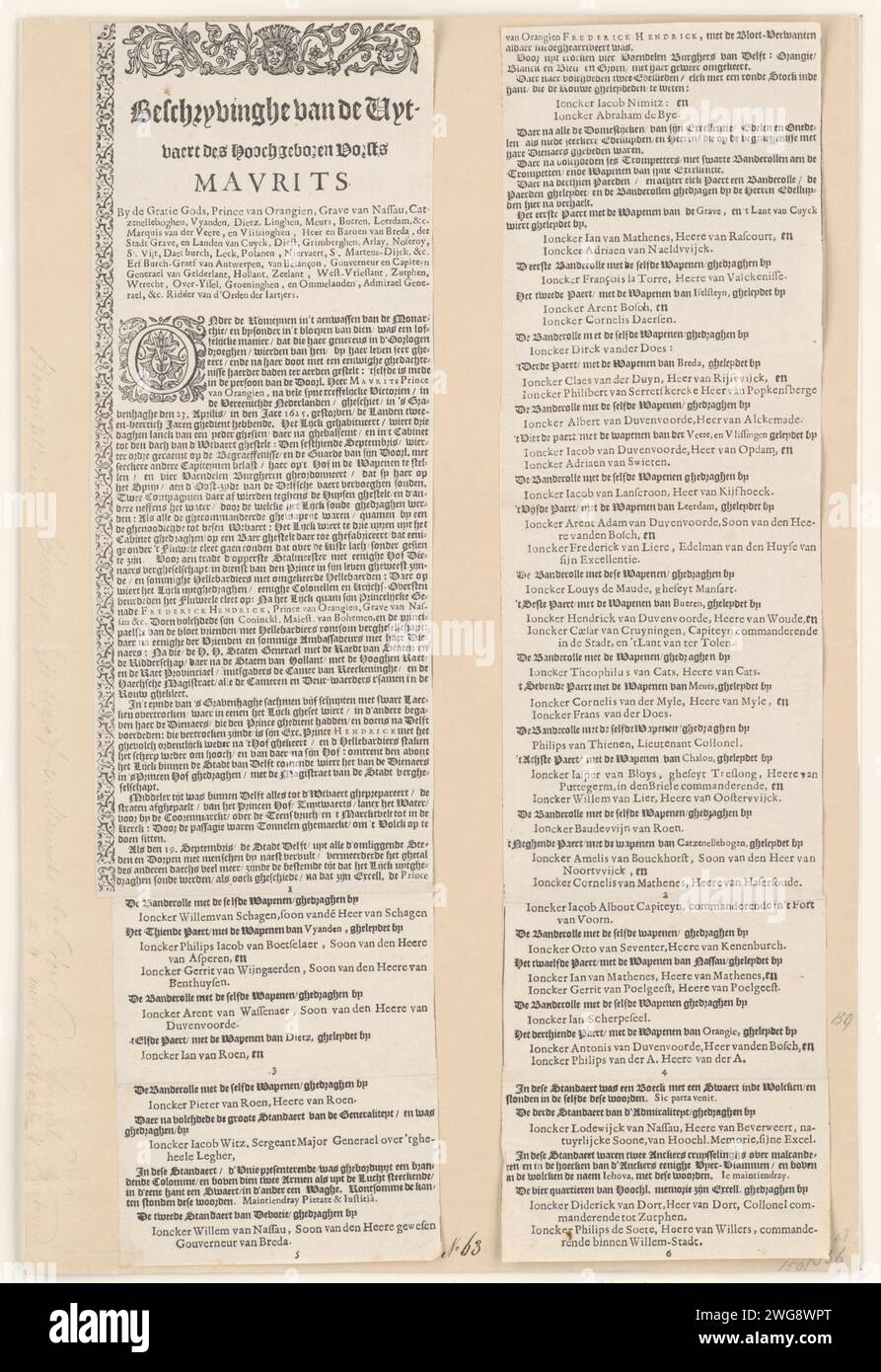 DRUCKEN MAURICS im Jahr 1625, Text hinterlässt 1-6, 1626 Textblatt der Trauerzug von Prinz Maurits in Delft am 16. September 1625. Große Darstellung der Zeremonie, bestehend aus 4 zu montierenden Zeitschriften, einem Titel und zugehörigen Textblättern (nummeriert 1-12). Auf diesem Blatt in zwei Spalten sind die geklebten Textblätter mit den Nummern 1 bis 6 nummeriert, die links und unten auf dem Ausdruck angebracht werden. Amsterdam Papier Buchdruck Delft Stockfoto