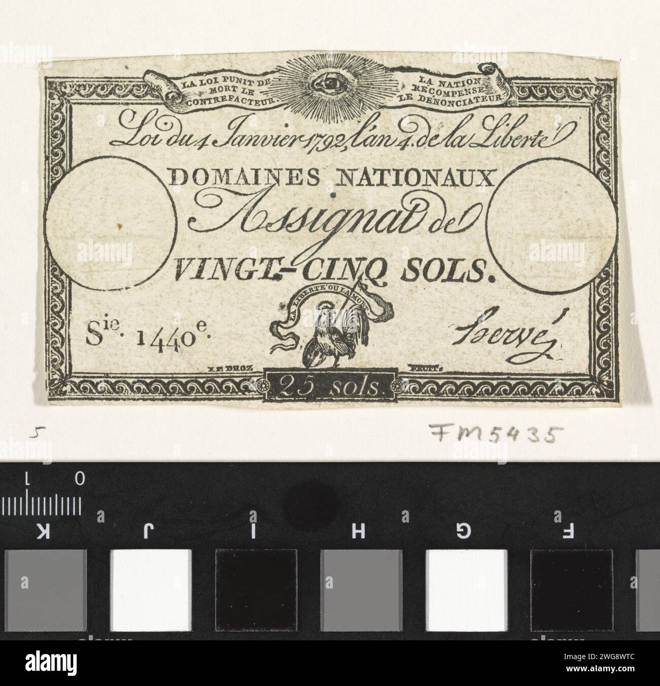 Assignate from 25 Sols, 1790-1796, Jean-Pierre Droz, 1790-1796 Print Französisch Assignate im Wert von 25 SOLS. In Umlauf gebracht durch die Domaines National, Serie 1440, ohne Datum. Frankreich Banknote in Papierform Stockfoto
