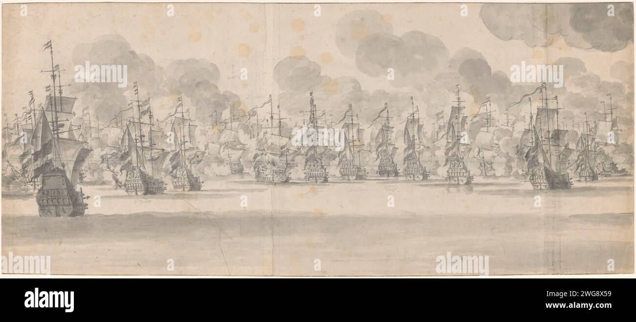 De Zeebeslag für Katwijk (Center Magazine), 1653, Willem van de Velde (I), 1653 Zeichnung Central Magazine mit einer großen Aufführung in drei Zeitschriften der Seeschlacht bei Terheide (Zeebeslag bei Katwijk) während des ersten englischen Krieges zwischen der Staatsflotte unter Maarten Tromp und der englischen Flotte unter George Monck am 10. August 1653. Mit den Schiffen Hollandia, St. Petrus, St. Petrus und Paulus, Swarte Arent, Zeelandia, Rosekrans, Gorkum, Witte Engel und Schäferhund. Papier aus den nördlichen Niederlanden. Bleistiftbürste Meer (Meereslandschaft). navy (+ Segelschiffe). Battle (+ Segelschiffe). Segelschiff, Segelboot. H Stockfoto