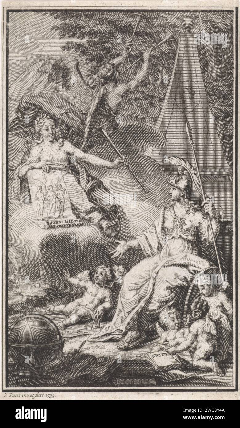 Allegorische Ausstellung mit Minerva in einer Landschaft, Jan Punt, 1735 Druck Minerva ist in einer Landschaft in der Nähe eines Denkmals, auf dem das Porträt des Dichters John Milton. Zu ihren Füßen spielen drei Putten mit seinen Büchern und ein vierter mit einem Passanten. Minerva schaut auf eine allegorische Figur, die ihr ein Blatt Papier zeigt. Auf dem Blatt eine Aufführung von Adam und Eva, die vom Engel aus dem Paradies gerissen wurden, und der Titel des Buches auf Niederländisch. In der Luft, die auf ihre Trompete bläst, in Richtung des Denkmals. Amsterdamer Papiergravur (Geschichte von) Minerva (Pallas, Athena). Globus. Vertreibung von Adam A. Stockfoto