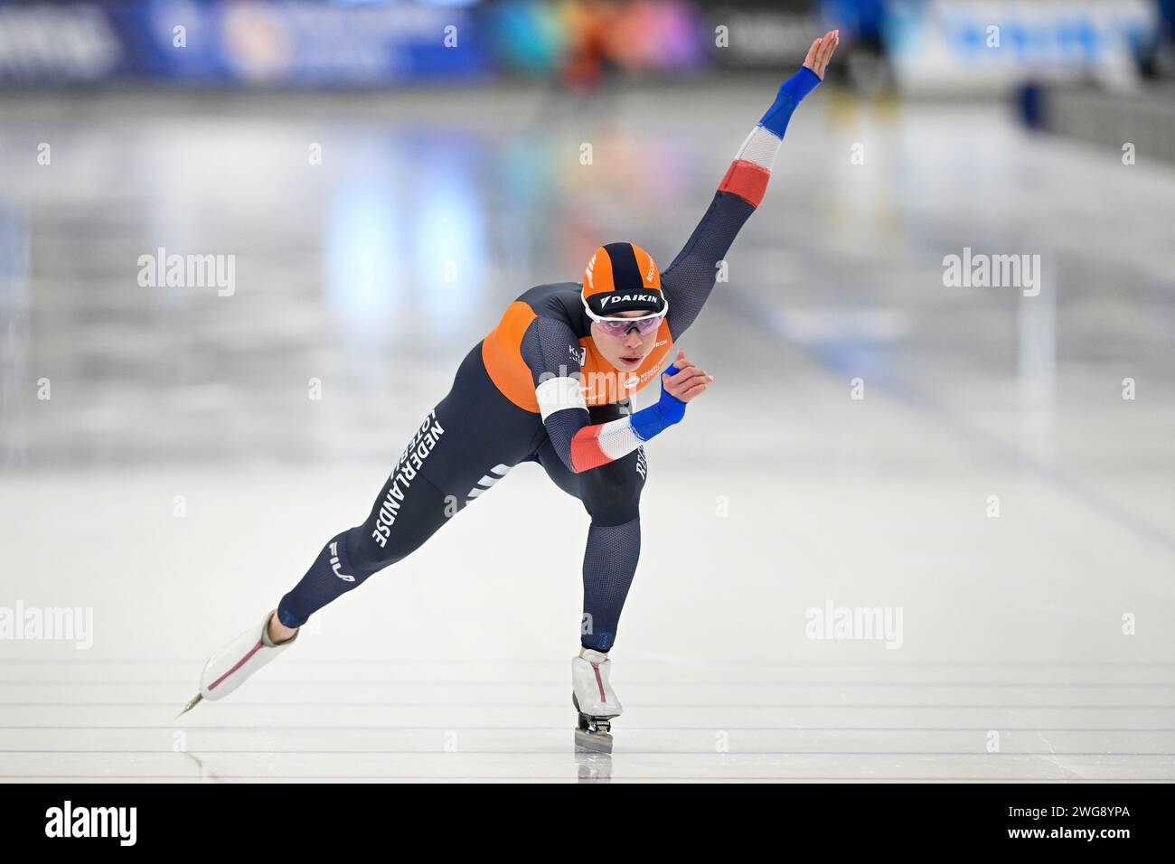 Quebec, Kanada. Februar 2024. QUEBEC, KANADA - 3. FEBRUAR: Marrit Fledderus aus den Niederlanden tritt am 3. Februar 2024 in Quebec in der 500-m-A-Division der Frauen während der ISU Speed Skating World Cup im Centre de Glaces Intact Assurance an. (Foto von David Kirouac/Orange Pictures) Credit: dpa/Alamy Live News Stockfoto