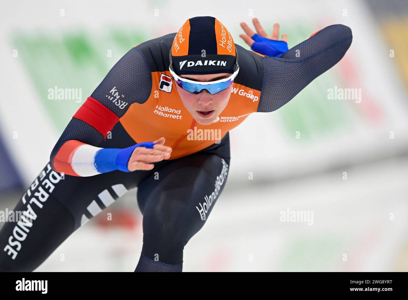 Quebec, Kanada. Februar 2024. QUEBEC, KANADA - 3. FEBRUAR: Naimo Verkerk aus den Niederlanden tritt am 3. Februar 2024 in Quebec in der 500-m-A-Division der Frauen während der ISU Speed Skating World Cup im Centre de Glaces Intact Assurance an. (Foto von David Kirouac/Orange Pictures) Credit: dpa/Alamy Live News Stockfoto