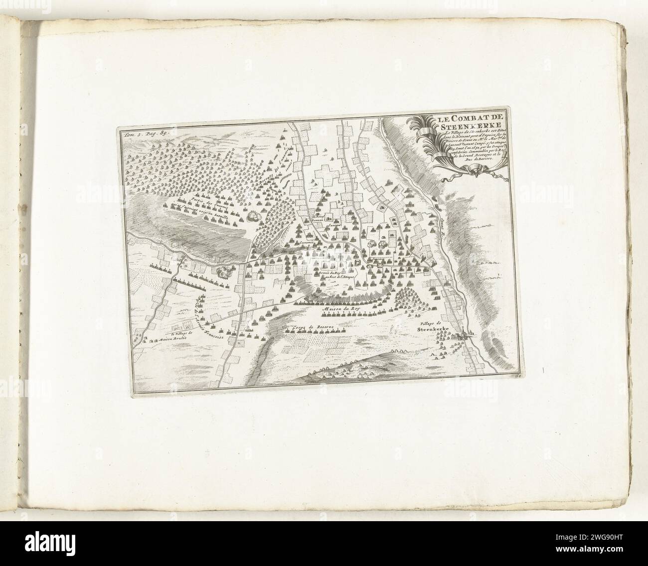 Schlacht von Steenkerke, 1692, 1702 – 1703 Druckplan der Schlacht von Steenkerke, wo die Alliierten von der französischen Armee besiegt werden, 3. August 1692. Markiert oben links: Tom. 3. S. 89. Platte Nr. 61 in der Druckarbeit bestehend aus insgesamt 276 nummerierten Schildern renommierter starker Städte und Festungen im Kontext des Spanischen Erbfolgekrieges. Die meisten Aufzeichnungen wurden in die anonymen französischen Aufzeichnungen kopiert: In Les Forces de l’Europe und in: Le Theater de la Guerre, Dans Les Pays-Bas, beide ursprünglich von Nicolas de Fer in Paris (1693–1697) im Rahmen der neunjährigen Jahre veröffentlicht Stockfoto