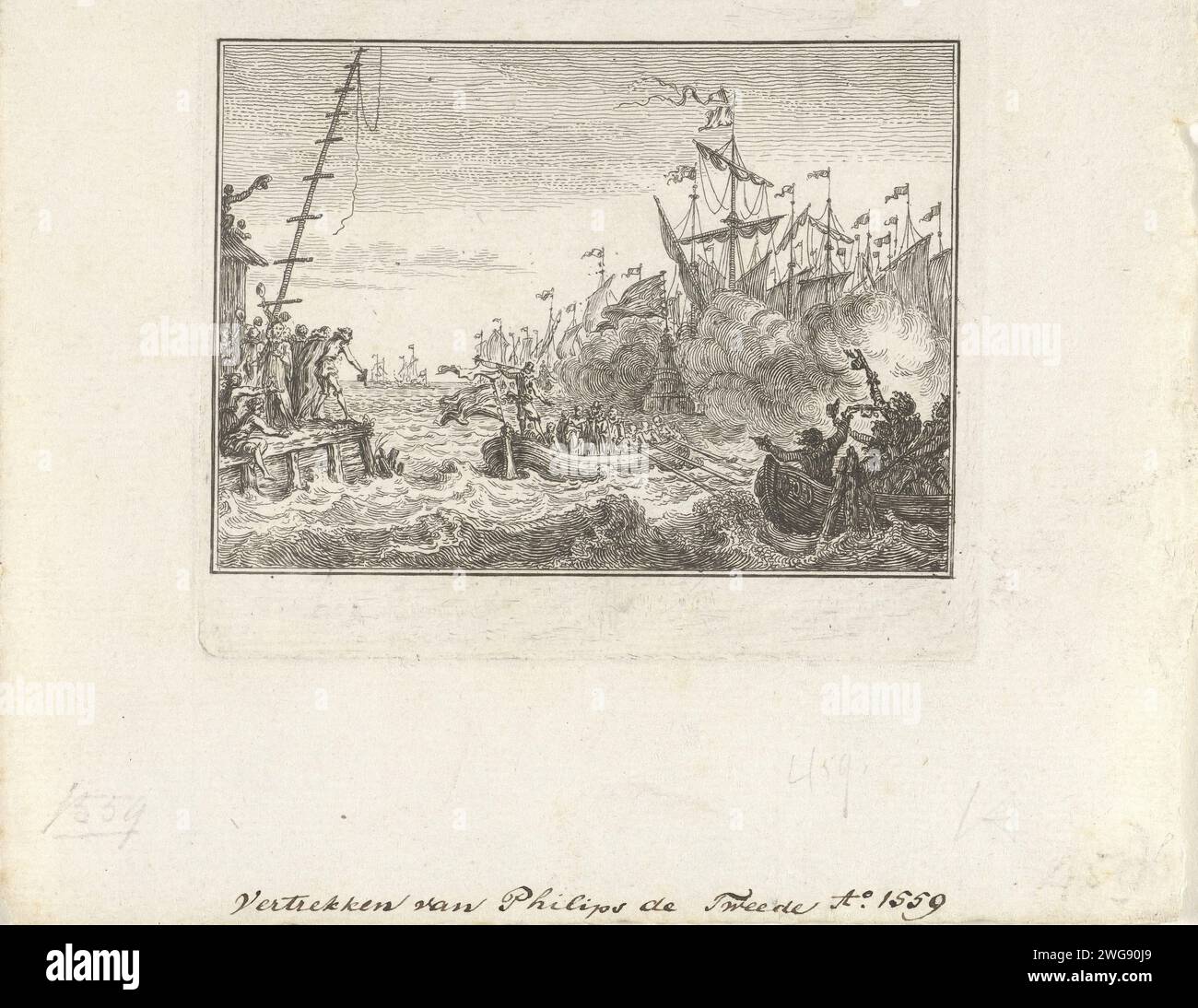 Philipp II. Fährt mit Schiff nach Spanien, 1559, 1782 – 1784 Druck König Philipp II. Verlässt mit Schiff nach Spanien, 1559. Der König rudert vom Kai in einer Schaluppe zur Flotte. Niederlande Papierätzung Verkehr und Transport (+ Abfahrt; Wiegeanker) Stockfoto