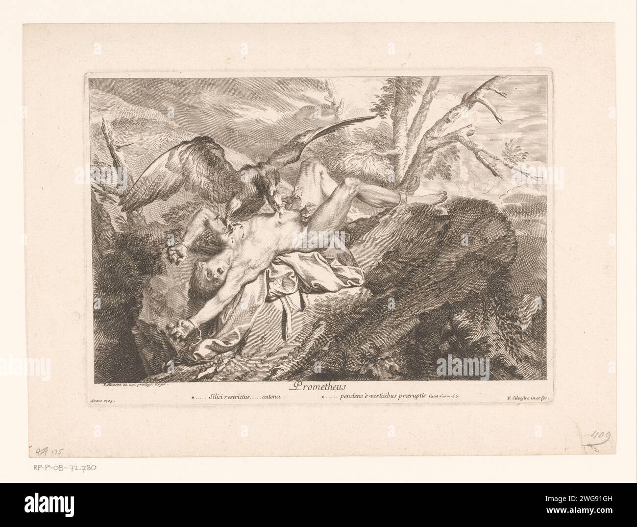Punishment of Prometheus, Charles Francois Silvestre, 1703 Print Frankreich Papier Radierung / Gravur eines Adlers Tränen an Prometheus' Leber Stockfoto