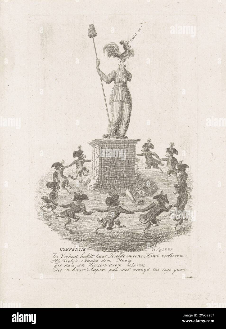 Cartoon on the Hope of the Patriots on French Help, 1793, Anonym, 1793 Print Cartoon on the Hope of Patriots in 1793 über die Unterstützung Frankreichs bei der Nationalversammlung. Eine Gruppe von Keeshonden in Uniformen eines freien Korps tanzt rund um eine Statue der Freiheit. Der Kopf des Freiheitsbildes wurde abgerissen und durch einen krähenden französischen Hahn ersetzt. Mit vierzeiliger Strophe. Nordholland Papierätzung / Gravur Stück Skulptur, Reproduktion eines Stücks Skulptur. Freiheit, Freiheit; 'LibertÃ' (Ripa) (+ abstraktes Konzept dargestellt durch weibliche Figur). Gruppe tanzen herum Stockfoto Cartoon on the Hope of the Patriots on French Help, 1793, Anonym, 1793 Print Cartoon on the Hope of Patriots in 1793 über die Unterstützung Frankreichs bei der Nationalversammlung. Eine Gruppe von Keeshonden in Uniformen eines freien Korps tanzt rund um eine Statue der Freiheit. Der Kopf des Freiheitsbildes wurde abgerissen und durch einen krähenden französischen Hahn ersetzt. Mit vierzeiliger Strophe. Nordholland Papierätzung / Gravur Stück Skulptur, Reproduktion eines Stücks Skulptur. Freiheit, Freiheit; 'LibertÃ' (Ripa) (+ abstraktes Konzept dargestellt durch weibliche Figur). Gruppe tanzen herum Stockfoto