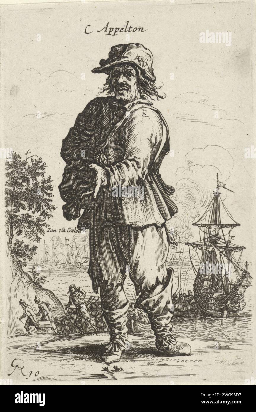 Stehender Mann, mit linker Hand zeigend, Salomon Savery, nach Pieter Jansz Quast, 1652–1654 Print Cartoon über den englischen Admiral Henry Appleton, Kommandant der englischen Flotte, die während der Seeschlacht bei Livorno von einer Staatspflotte unter dem Kommando von Jan van Galen besiegt wurde, 14. März 1653. Der Admiral steht an Land und zeigt mit der linken Hand. Im Hintergrund die Seeschlacht mit dem Namen Jan van Galen. Der Druck ist Teil einer zehnteiligen Serie mit Aufführungen von Bettlern und Bauern, in der auch verschiedene unglückliche Figuren aus dem ersten englischen Krieg enthalten sind, ca. 1652-1654. Amsterdam S Stockfoto