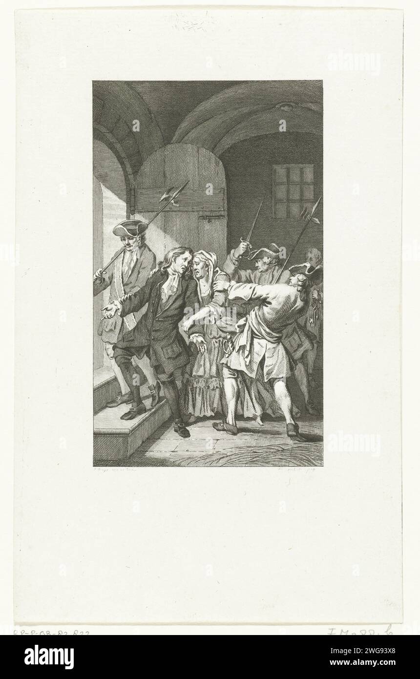 Bürgermeister Westerwijk in Goes geführt aus dem Gefängnis, 1692, 1785 Druck Bürgermeister Adolph Westerwijk in Goes in einem Konflikt mit Stadhalter Wilhelm III. Zum Tode verurteilt Die Strafe wurde jedoch in lebenslanges Leben umgewandelt. In der Show lassen Soldaten die Frau vom Bürgermeister weg, als er am 30. Dezember 1692 aus dem Gefängnis genommen wird. Nordholländische Papierätzung letzte Rede mit Verwandten (in den letzten Stunden vor der Hinrichtung). (Person, die zum Tode verurteilt ist) auf dem Weg zum Gerüst oder zum Hinrichtungsort geht Stockfoto