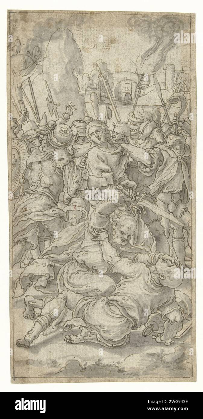 Sammlung Christi, Pieter Coecke van Aelst (I), 1512 - 1550 Zeichnung Design für ein Glasfenster. Papier. Tusche Pen / Pinsel der Kuss von Judas: Begleitet von Soldaten mit Fackeln und Laternen, küsst er Christus. Peter zieht sein Schwert und schneidet Malchus das Ohr ab Stockfoto