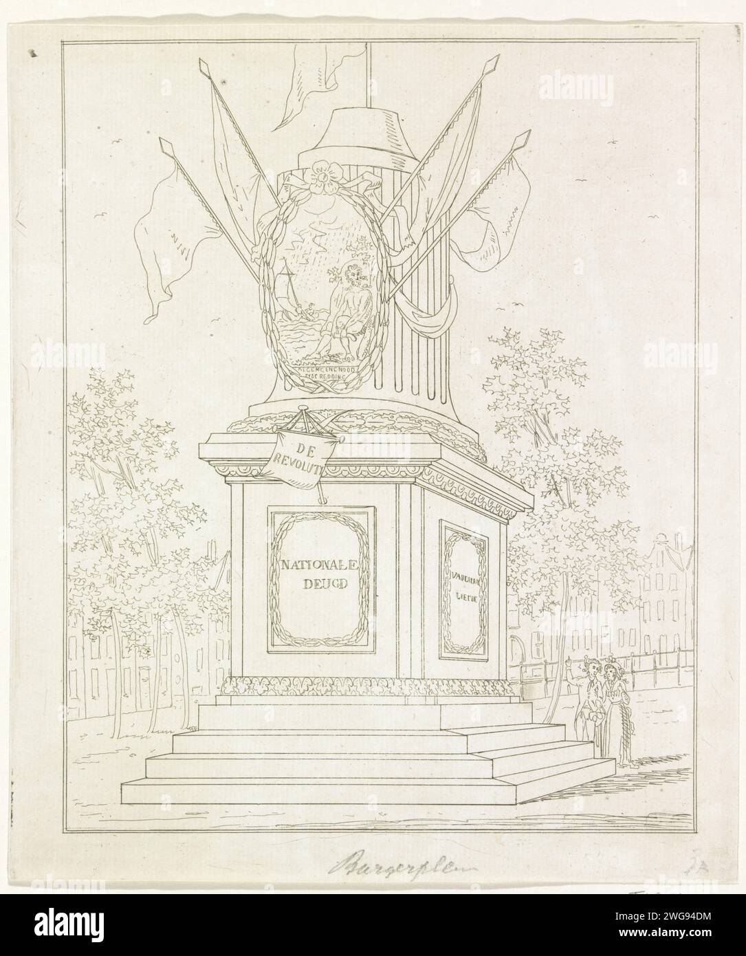 The Revolution, Decoration on Koningsplein, 1795, A. Verkerk, 1795 print The Revolution, allegorische Dekoration gegründet auf dem Koningsplein in Amsterdam beim Alliance Festival am 19. Juni 1795. Aufgeregte Säule mit ovalem Chassinet mit Herkules (Batavian Tapferkeit und Mut), die das Joch der Aristokratie bricht. Unter seinem Fuß fährt er Krone und Kette. An der Spitze der niederländischen und französischen Flaggen. Teil einer Serie von zehn Aufzeichnungen. Druckerei: Netherlandspublisher: Amsterdamer Papierätzfest auf Veranstaltungen von nationaler Bedeutung (+ festliche Dekoration  festliche Aktivitäten). Herkules als Personi Stockfoto