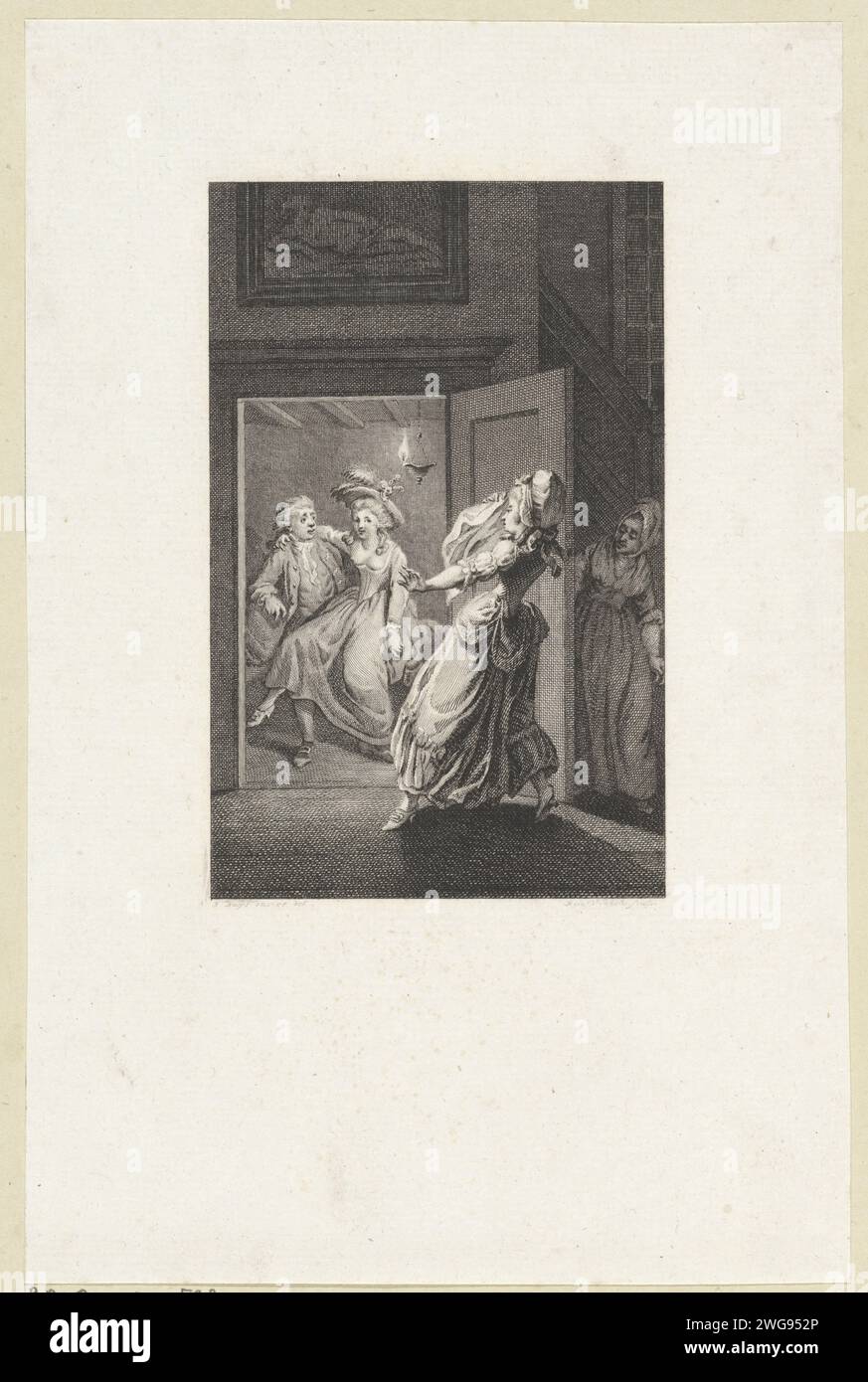 Liebespaar erwischt von einer Frau, Reinier Vinkeles (I), nach Jacobus kauft, 1751 - 1816 Druck Amsterdam Papier Radierung / Gravur unterbrochenes Treffen, Liebende überrascht. Bild, Malen Stockfoto