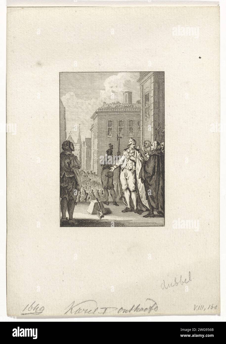 Enthauptung von Karl I., König von England, in London, 1649, Reinier Vinkeles (I), nach Jacobus kauft, 1783 - 1795 Druck Amsterdam Papier, das gewaltsamen Tod durch Enthauptung graviert. Auf dem Gerüst oder dem Ort der Hinrichtung Whitehall Stockfoto