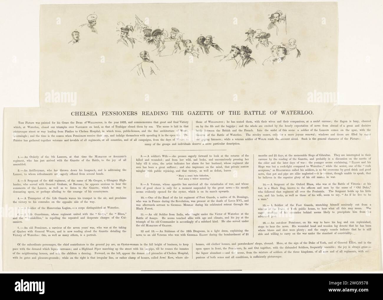Schlüssel für den Abdruck der alten Kämpfer, die über die Schlacht von Waterloo, 1815, lesen, William Greatbach, nach David Wilkie, 1822 - 1894 Print Key für den Druck zu einem Gemälde mit einer Aufführung englischer alter Kämpfer im Haus Royal Hospital Chelsea, die die Nachrichten über die Schlacht von Waterloo vom 18. Juni 1815 gelesen haben. Mit den Köpfen der wichtigsten Figuren, Beschreibung des Gemäldes und der Legende 1-16, in englischer Sprache. England Papierätzung / Buchdruck liest jemandem vor. Mündliche Verbreitung von Nachrichten, Stadtschrei. Zeitung, Nachrichtenblatt Royal Hospital Chelsea Stockfoto