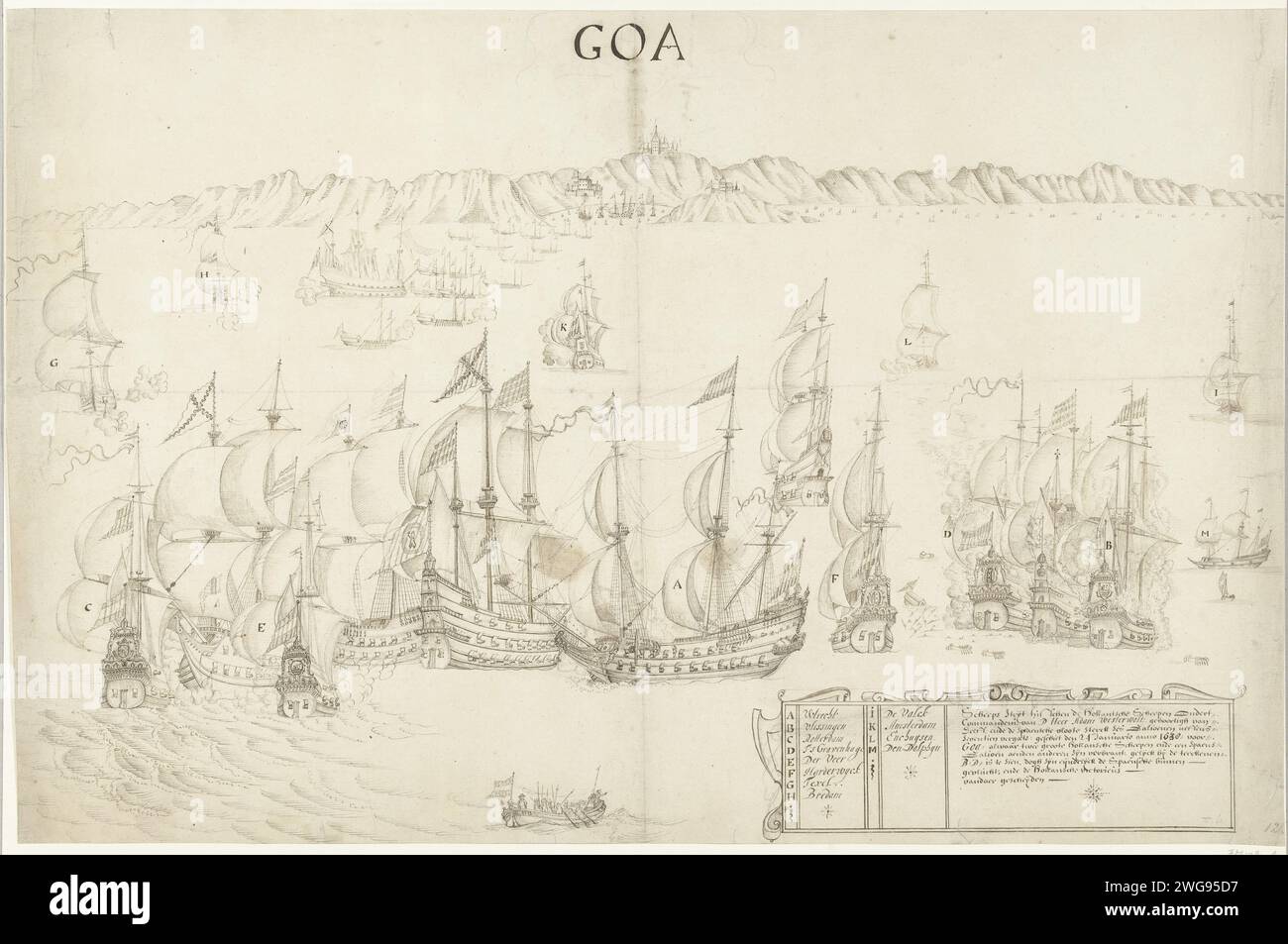 Seeschlacht zwischen niederländischen und spanischen Schiffen vor der Küste von Goa, 1638, 1638 Seeschlacht zwischen der niederländischen Flotte unter Adam van Westerwolt und einer spanischen Flotte vor der Küste von Goa, 24. Januar 1638. Unten rechts eine Kartusche mit dem Titel und den Namen der niederländischen Schiffe A-M. Nordniederländische Papierschlacht (+ Marinestreitkräfte) Goa Stockfoto