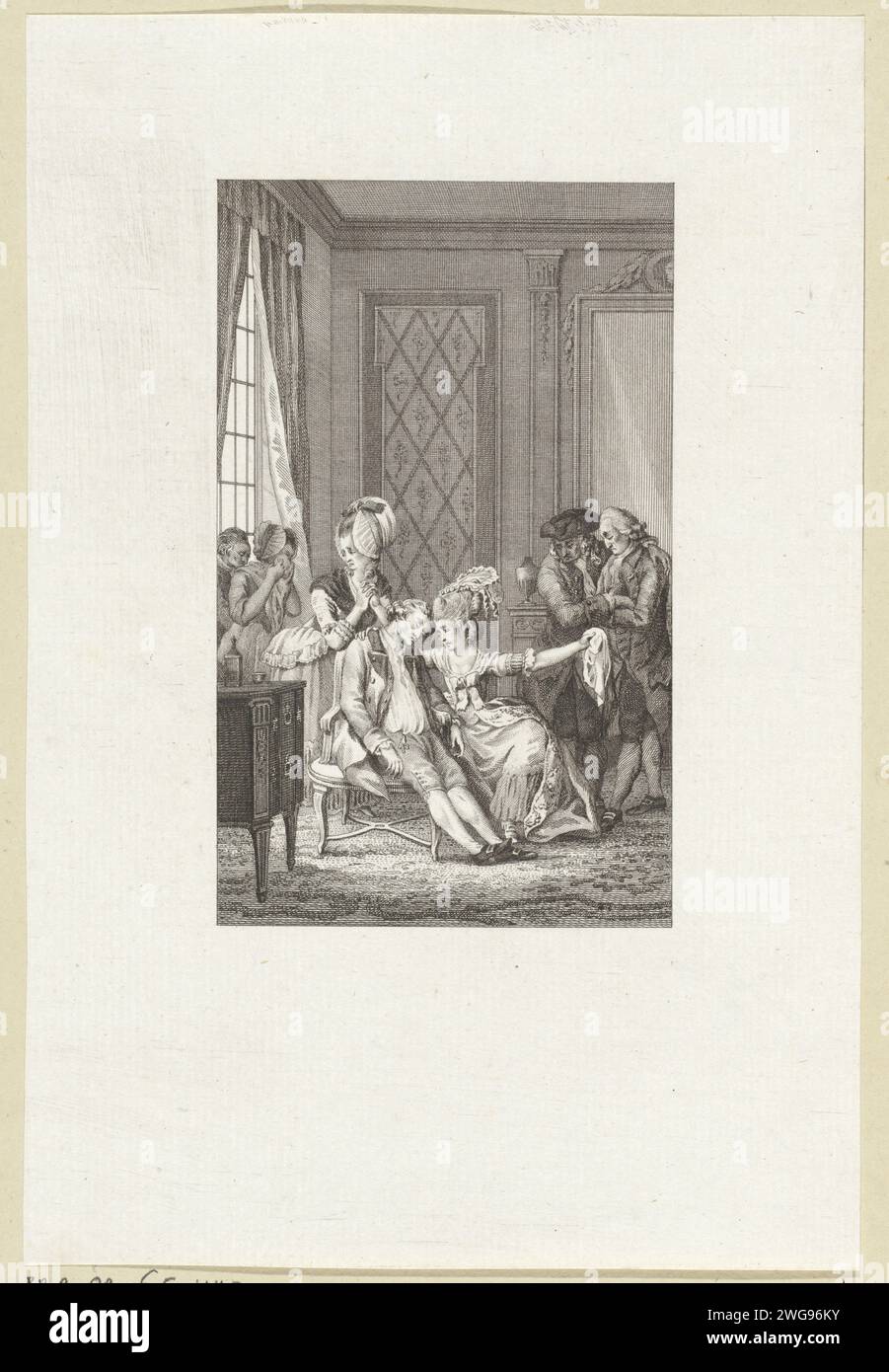 Dorval stirbt in den Armen einer Frau, Reinier Vinkeles (I), 1781 Druck Amsterdam Papier Radierung / Gravur 'plötzlicher Tod'. Trauer um die Toten Stockfoto