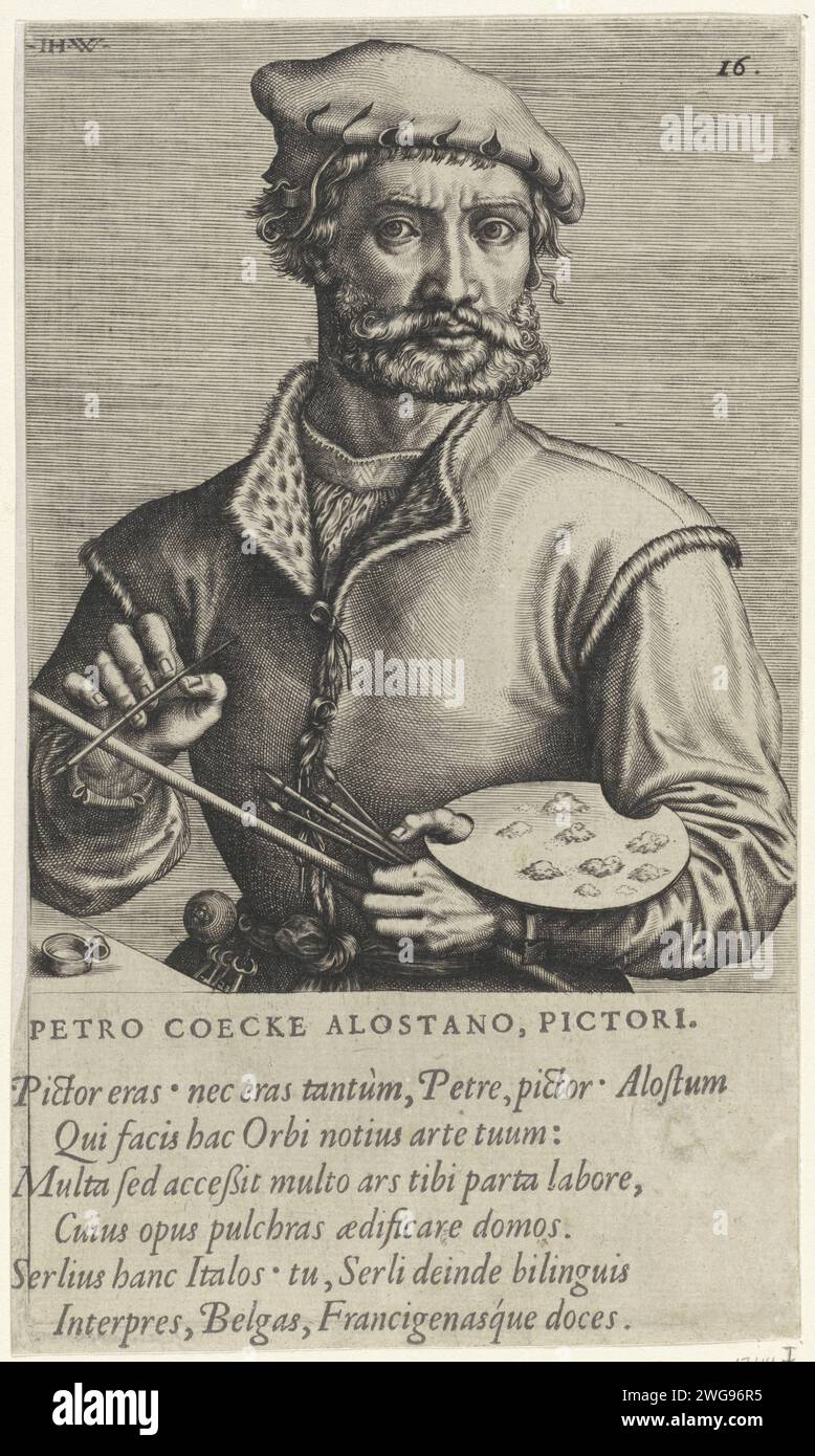 Porträt des Malers Pieter Coecke van Aelst (I), Johannes Wierix, 1572 Druck Er hält eine Malpalette in der Hand. Am Rand eine sechszeilige Beschriftung in lateinischer Sprache. Antwerpen Papiergravur / Buchdruck Porträt, Selbstporträt des Malers. Palette Stockfoto