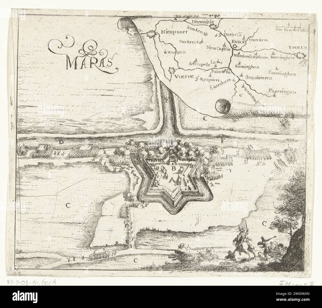 Aufnahme von Fort Knokke, 1649, 1649 Print Ticket mit der Aufnahme von Fort Knokke am 22. April 1649 durch die Armee von Gouverneur Leopold Willem. Plan des Forts, in der oberen rechten Ecke eine Karte des größeren Gebiets in Westflandern. Einzelheiten in der Leistung, die mit A-f gekennzeichnet ist Ein Textblatt gehört zum Ausdruck. In den südlichen Niederlanden werden Karten von Städten geätzt. Eroberung der Stadt (nach der Belagerung) Fort Knuckles Stockfoto