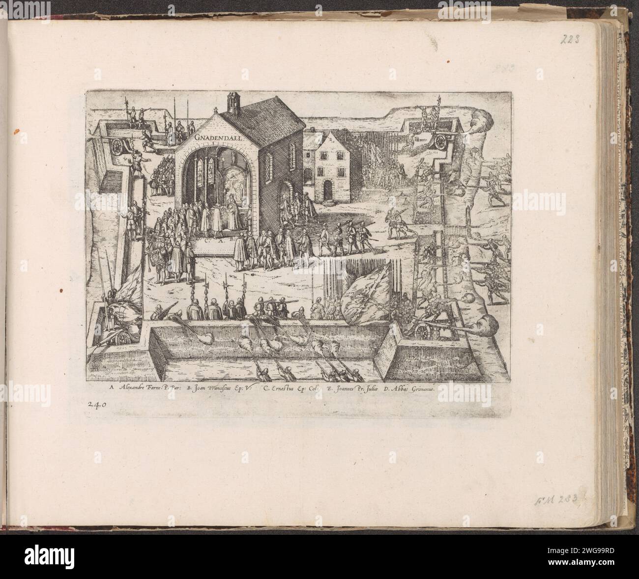 Parma und der päpstliche Gesandte in Gnadental, 1586, 1587 – ca. 1591 Druck der Herzog von Parma wird vom päpstlichen Gesandten für seine Verdienste gepriesen, Szene in einer Kirche in Gnadental bei Neuss, 1. August 1586. Episode aus dem Kölner Krieg. Mit der Beschriftung auf der Platte nur die Erklärung der Buchstaben A-D. Unter Der Nummer 240. Der Ausdruck ist Teil eines Albums. Kölner Papierätzung Gnadental Stockfoto